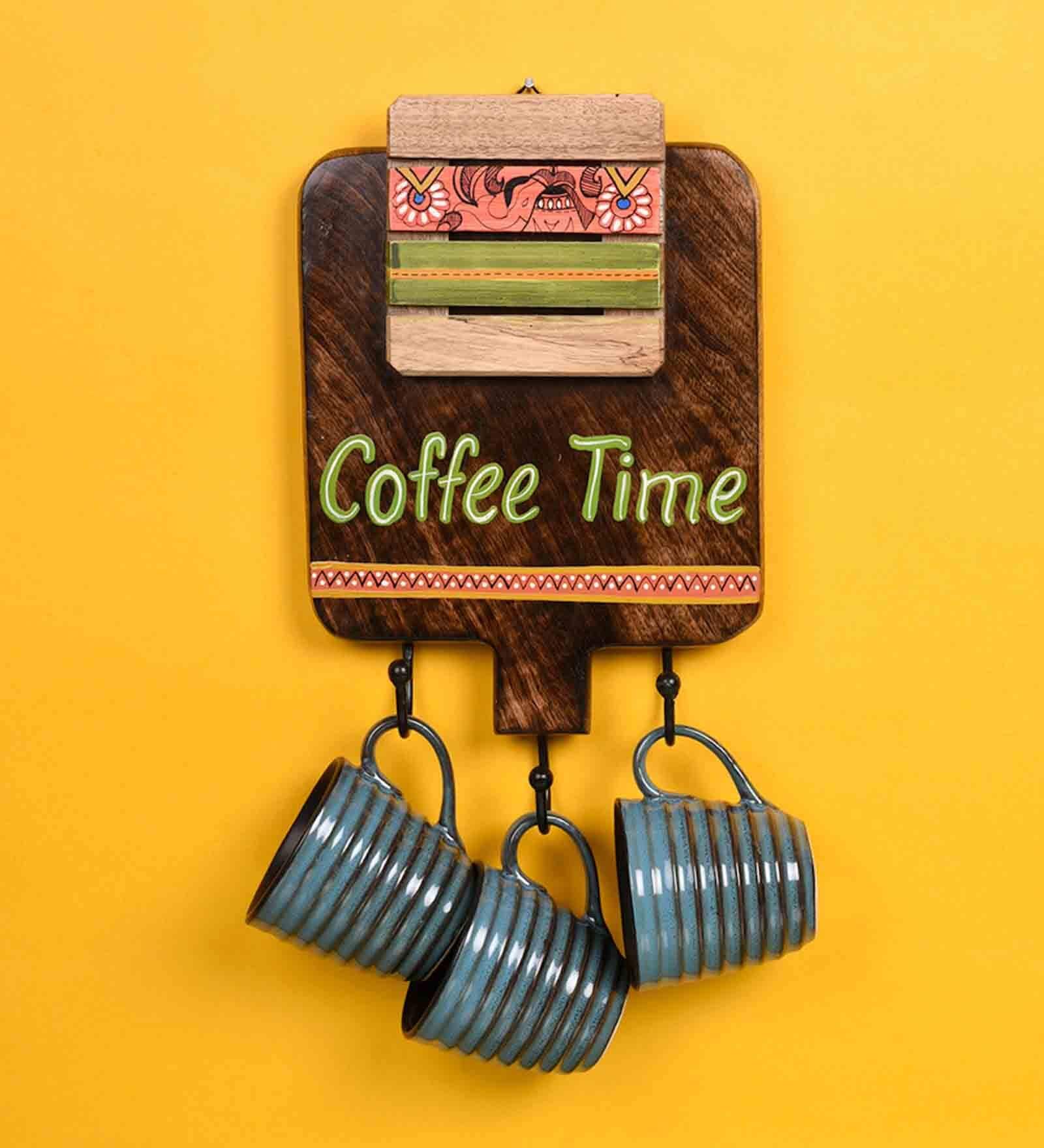 Judah Blue 150ml Ceramic 3Pc Tea Cups with Brown Teak Wood Wall hanging Stand
