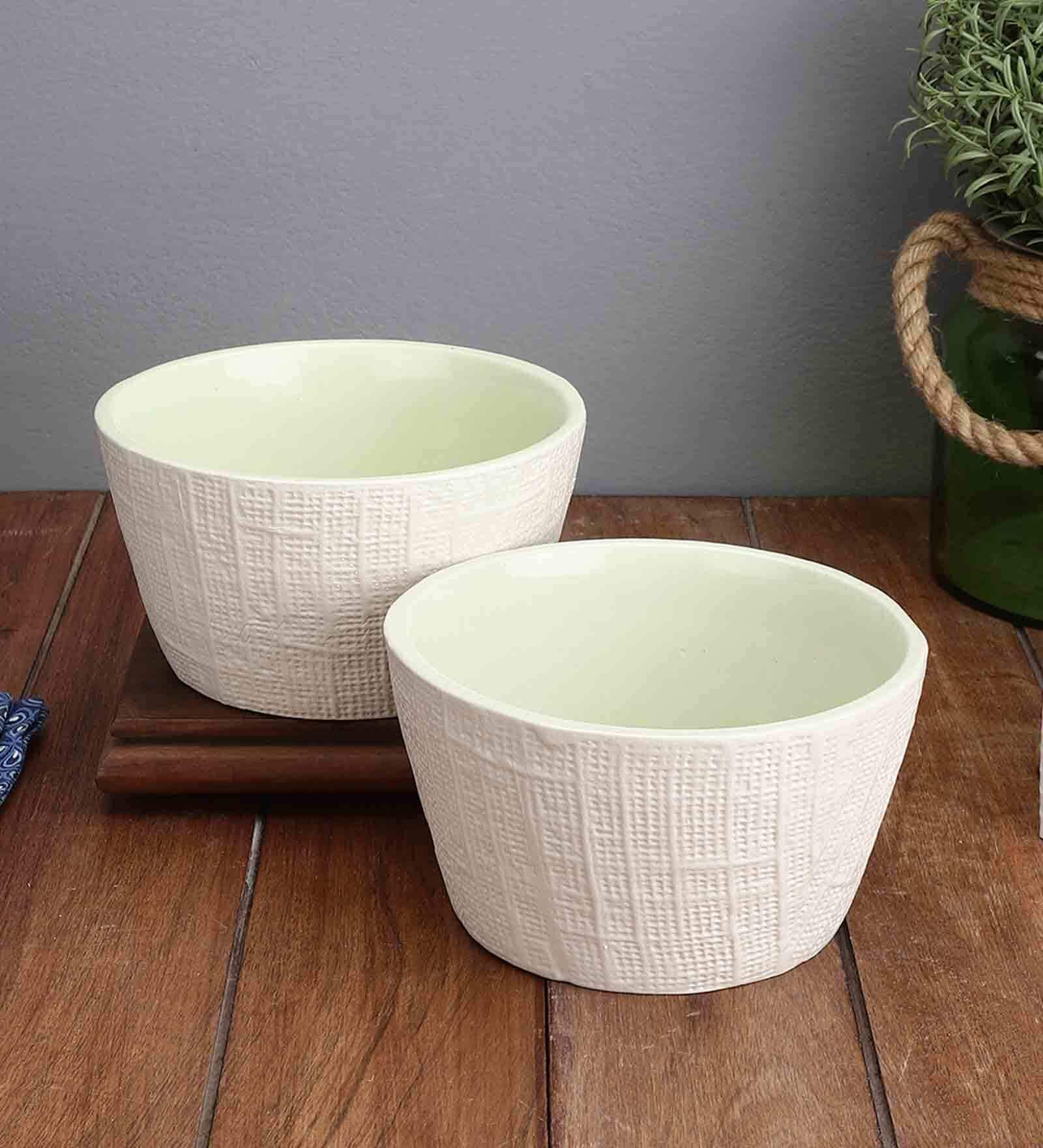 Handcrafted 900ml White & Green Ceramic (Set of 2) Serving Bowl