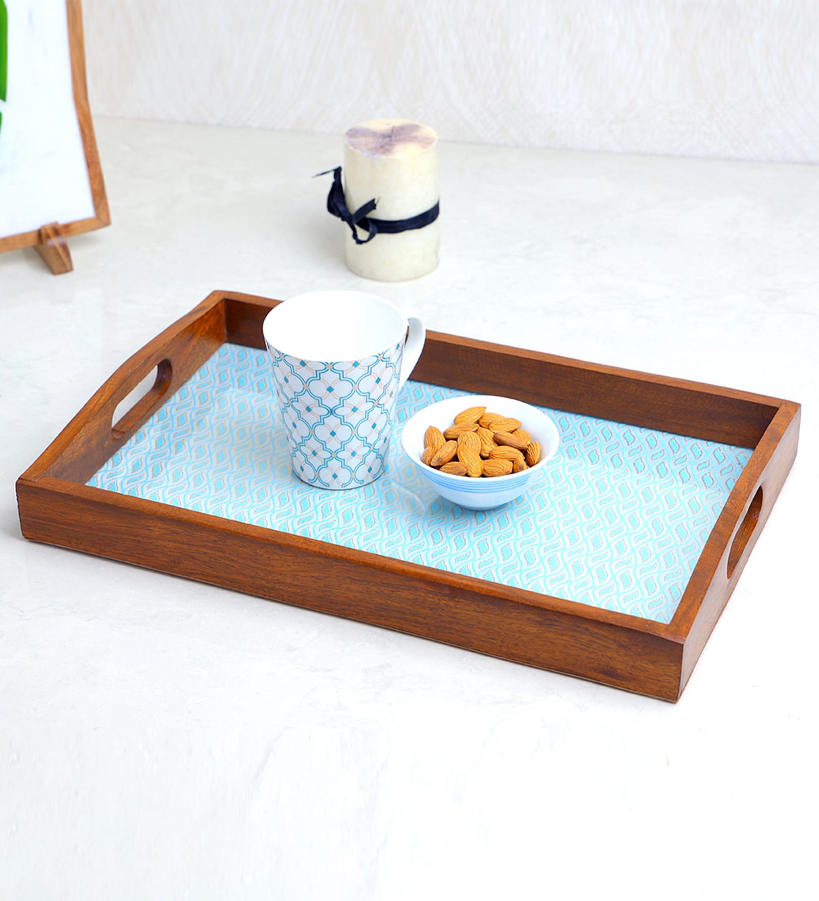 Handcrafted Blue WOOD & Glass Serving Tray