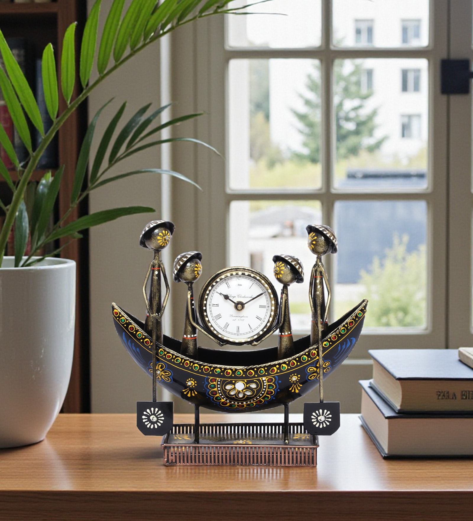 Handcrafted Boat-Shaped Metal Clock Tribal Figurine Ethnic Desk Organizer