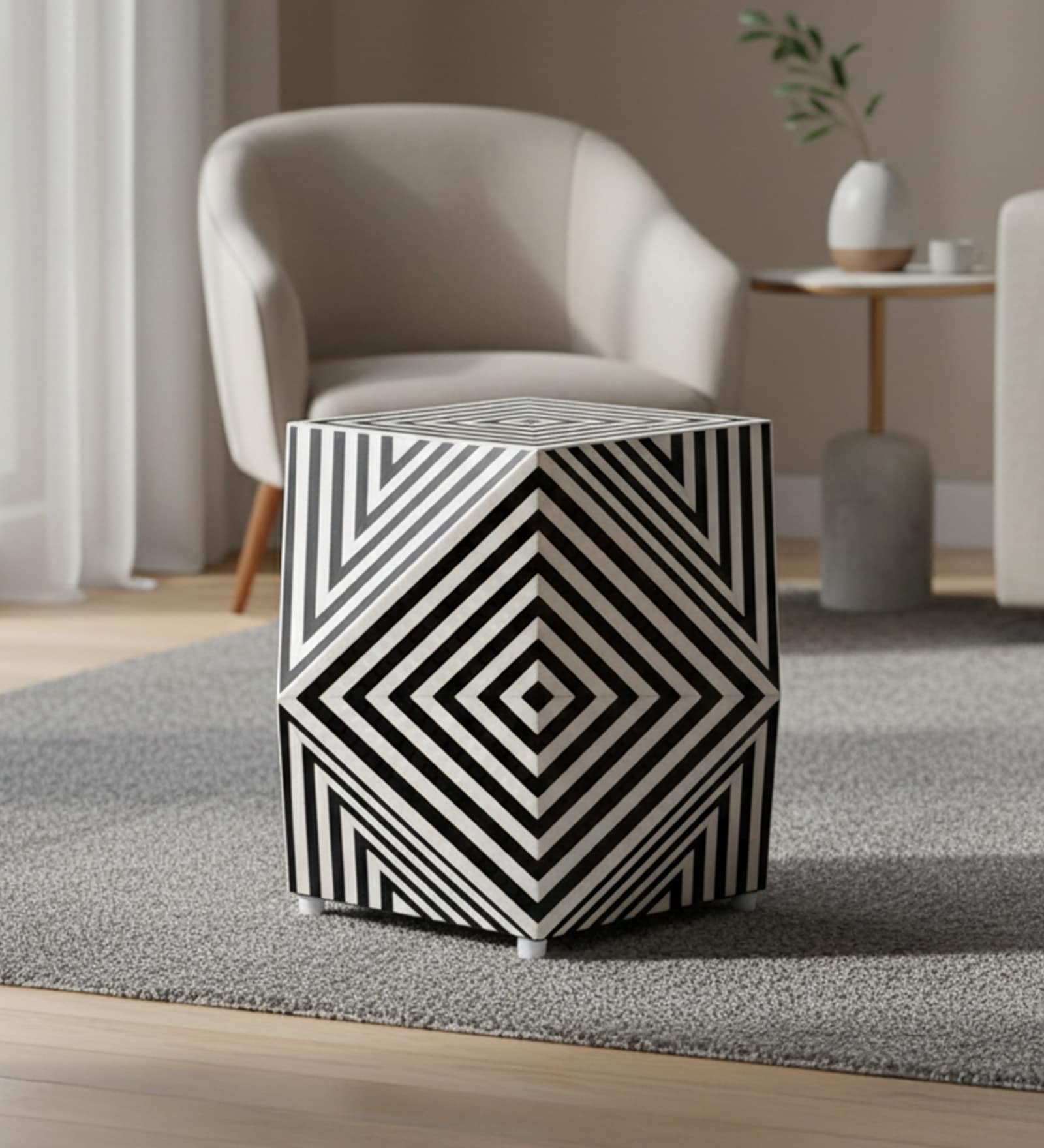 Handcrafted End Table In Bone Inlay Finish