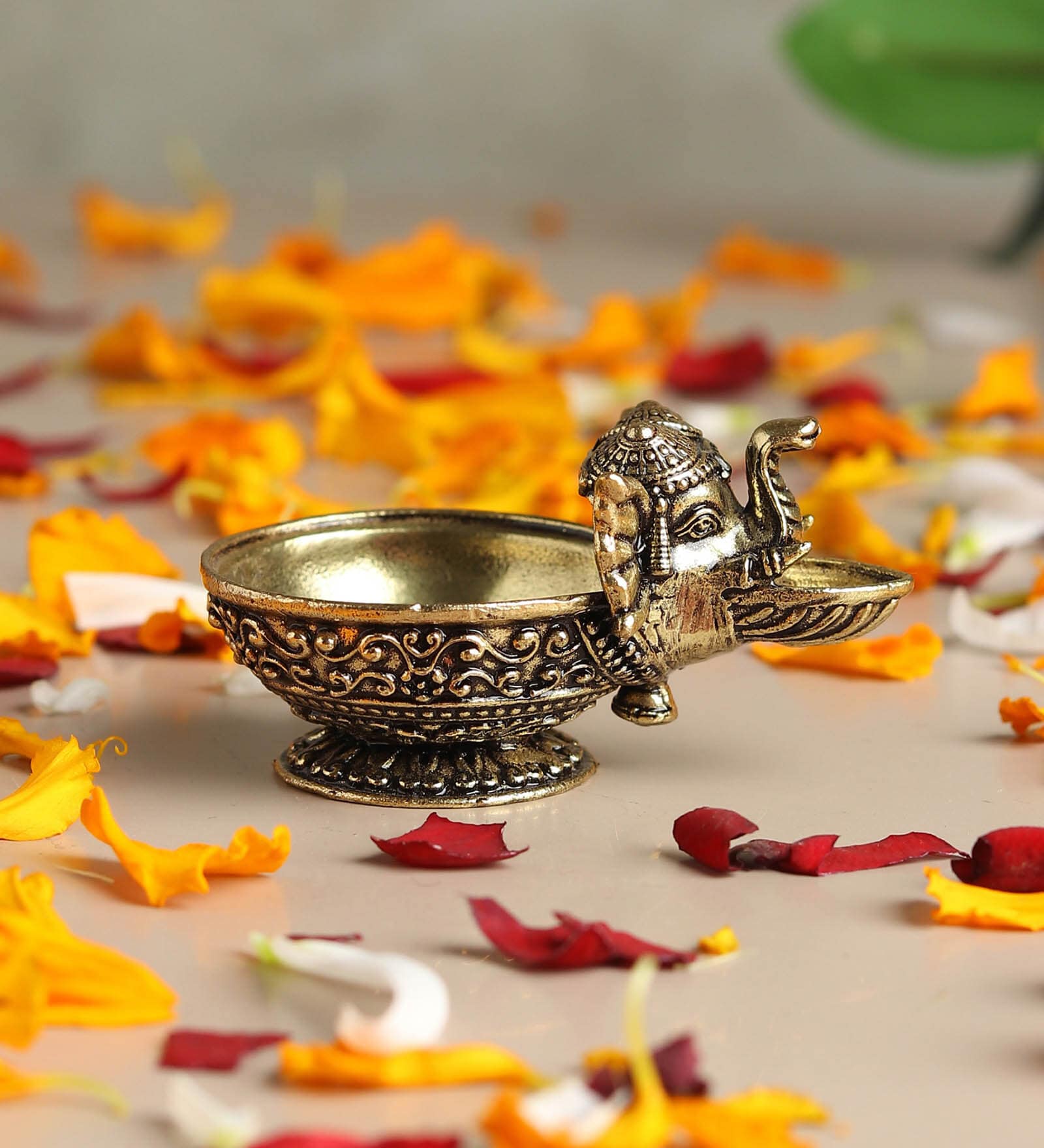 Golden Handcrafted Ganesha Brass Oil Lamp