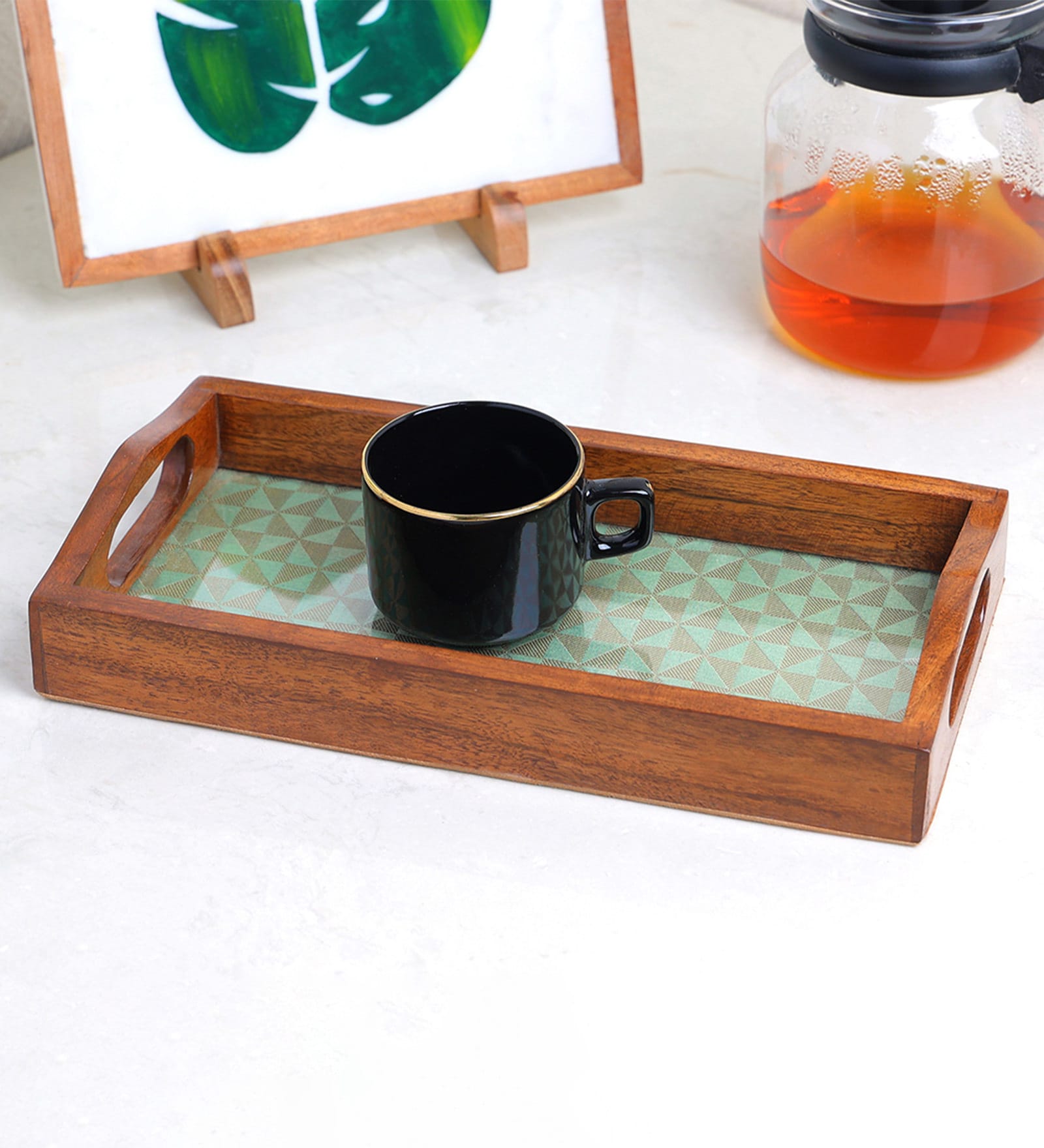 Handcrafted Green WOOD & Glass Serving Tray