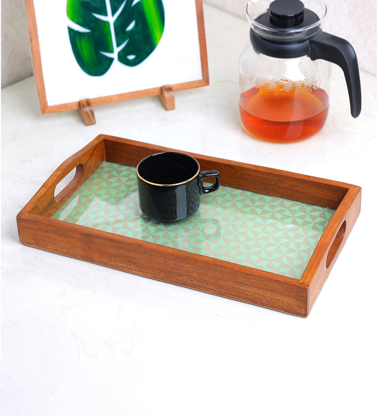 Handcrafted Green WOOD & Glass Serving Tray
