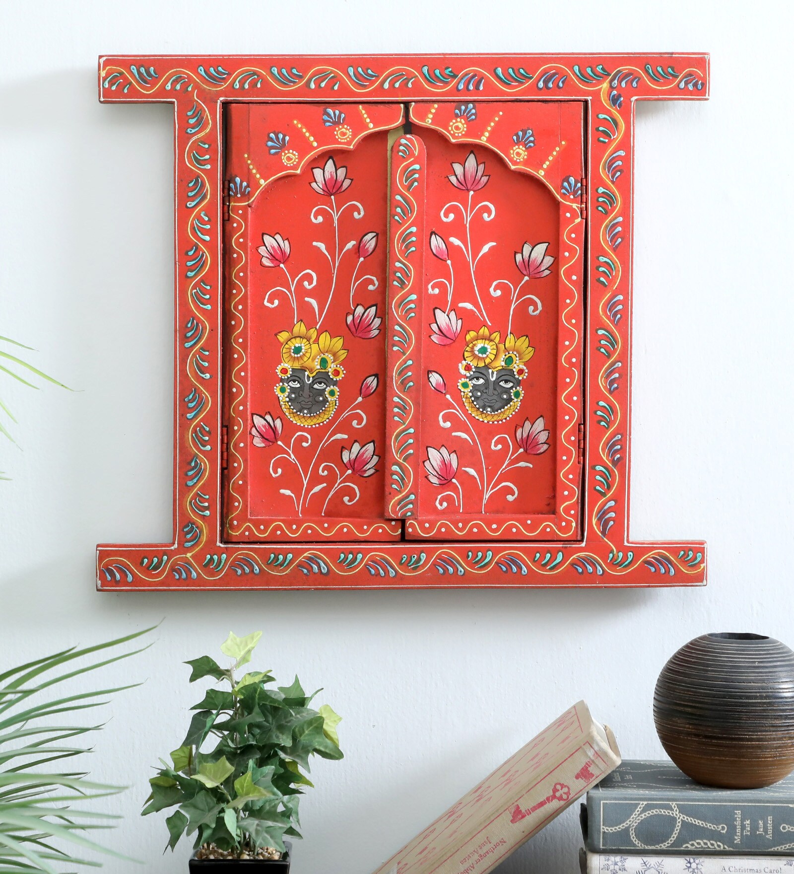 Red Window Handcrafted Jharokha With Door With Door Wall D cor