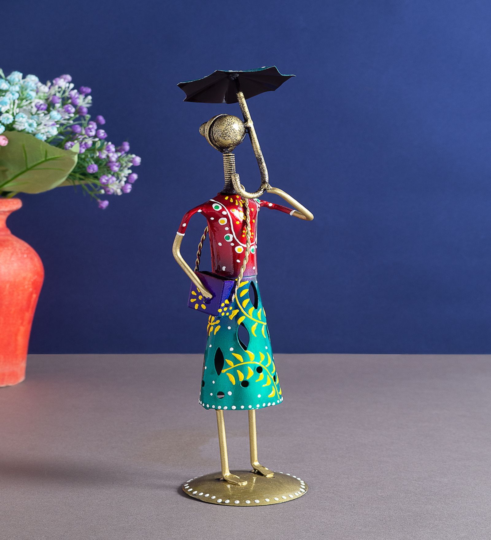 Wrought Iron Handcrafted Lady with Umbrella Multicolor Figurine