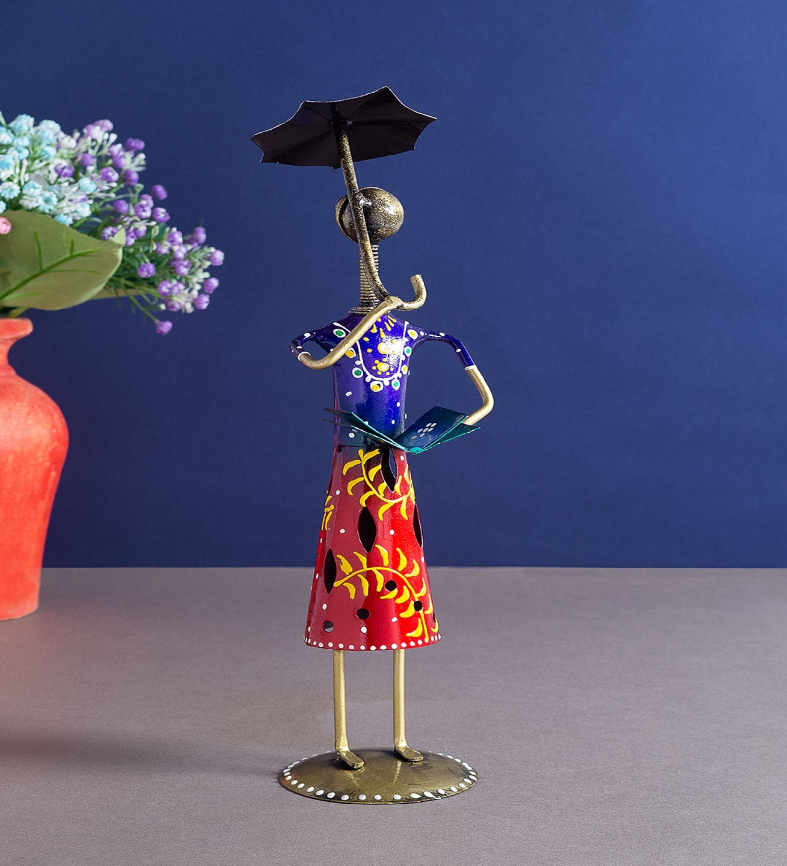Handcrafted Wrought Iron Lady with Umbrella Multicolour Figurine