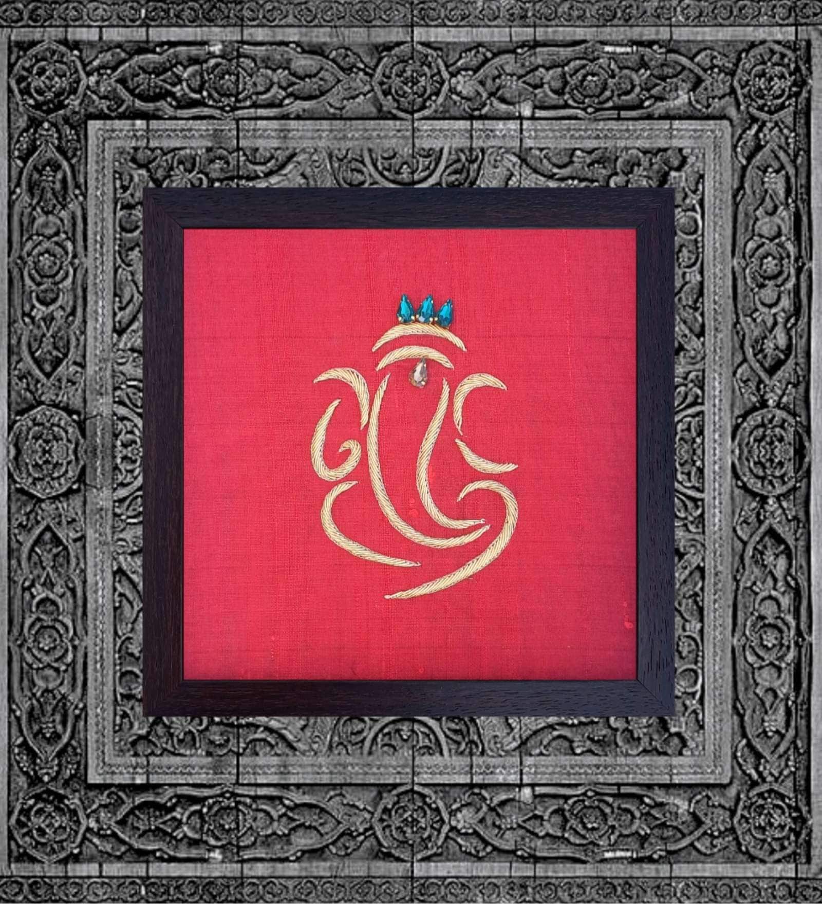 Red Handcrafted Lord Ganesha Gold-Plated Jardoshi Embroidery Wall Art
