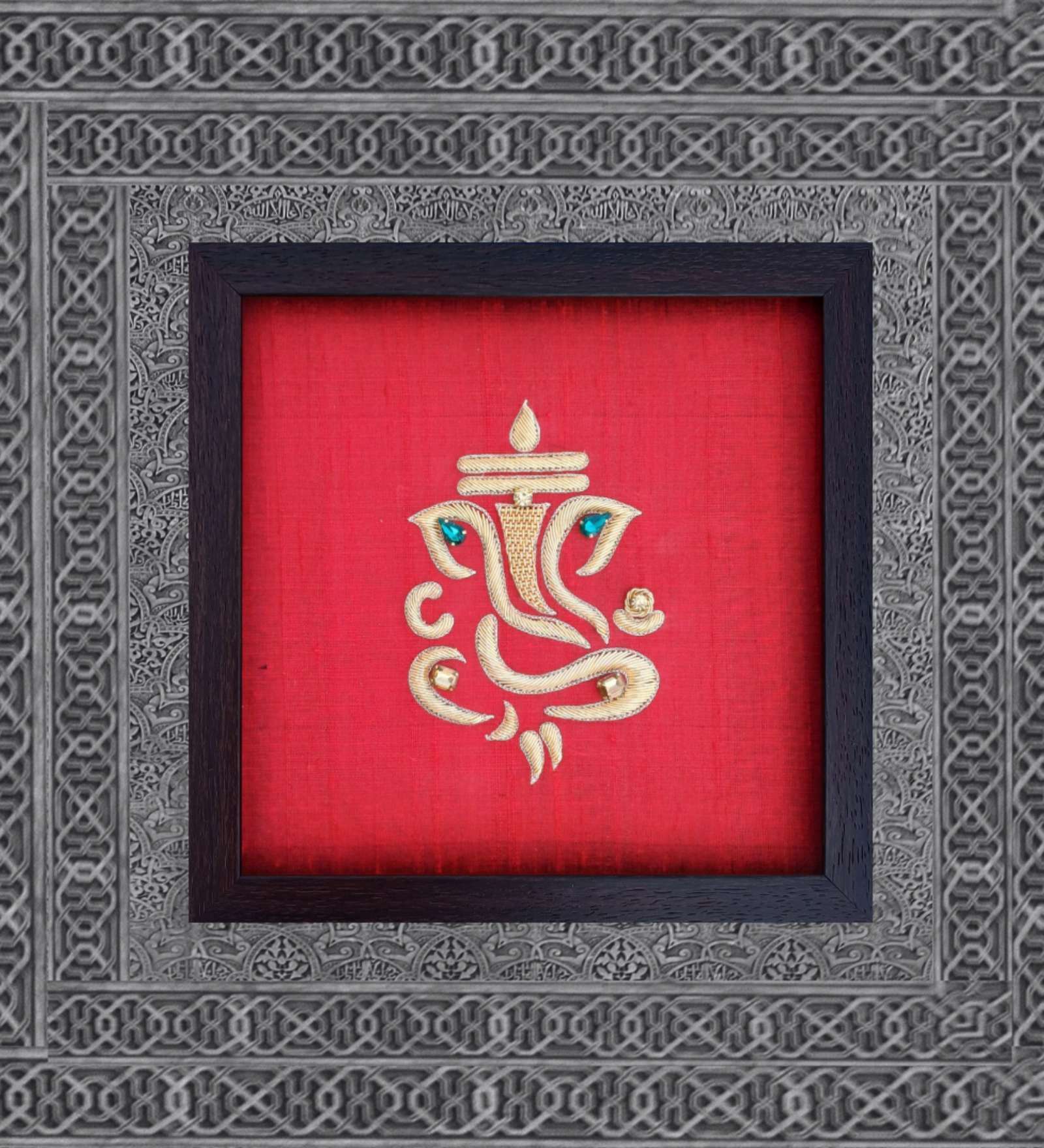Red Handcrafted Lord Ganpathi Gold-Plated Jardoshi Embroidery Wall Art