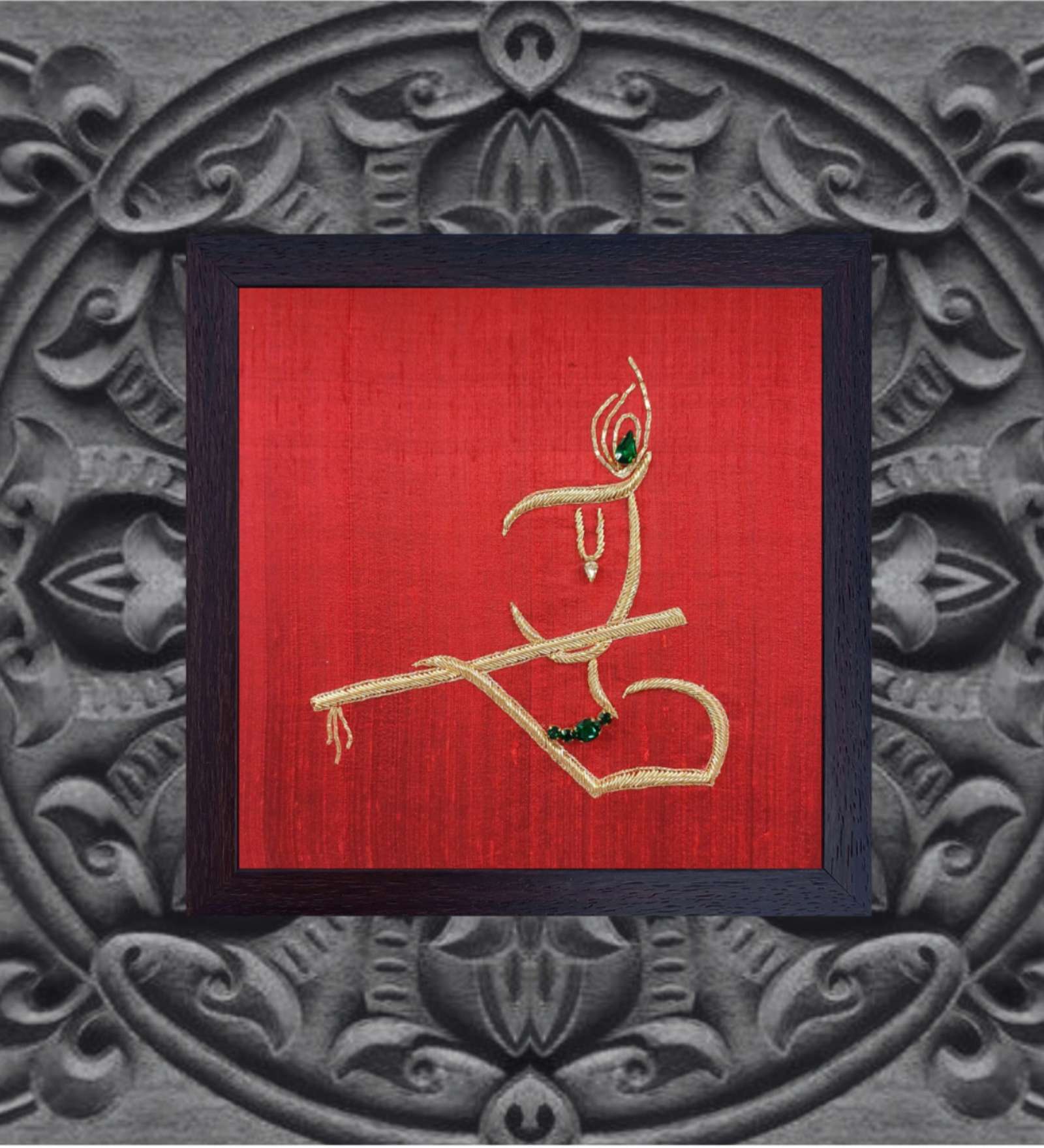 Red Handcrafted Lord Krishna Gold-Plated Jardoshi Embroidery Wall Art