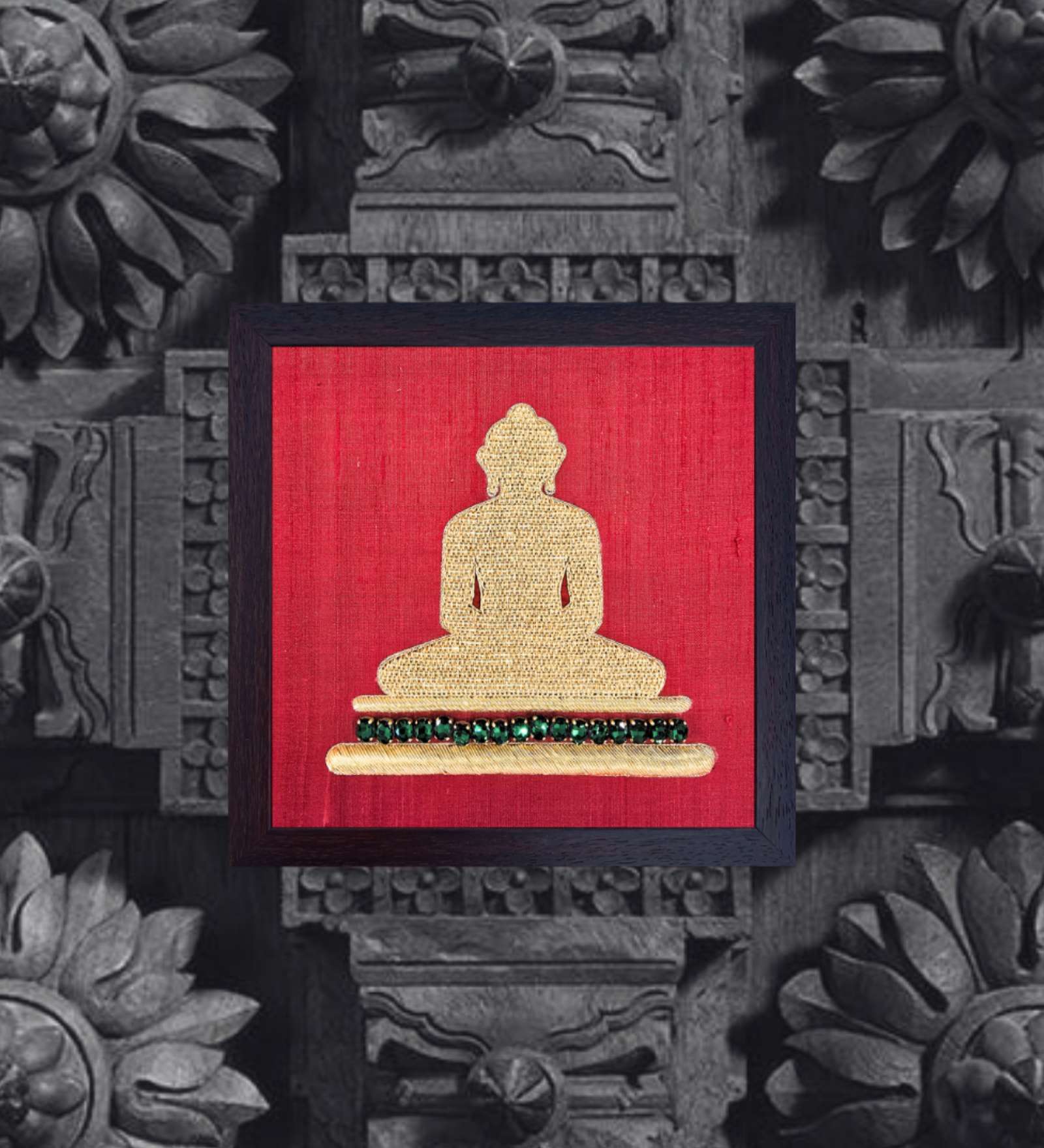 Red Handcrafted Lord Mahaveer Gold-Plated Jardoshi Embroidery Wall Art