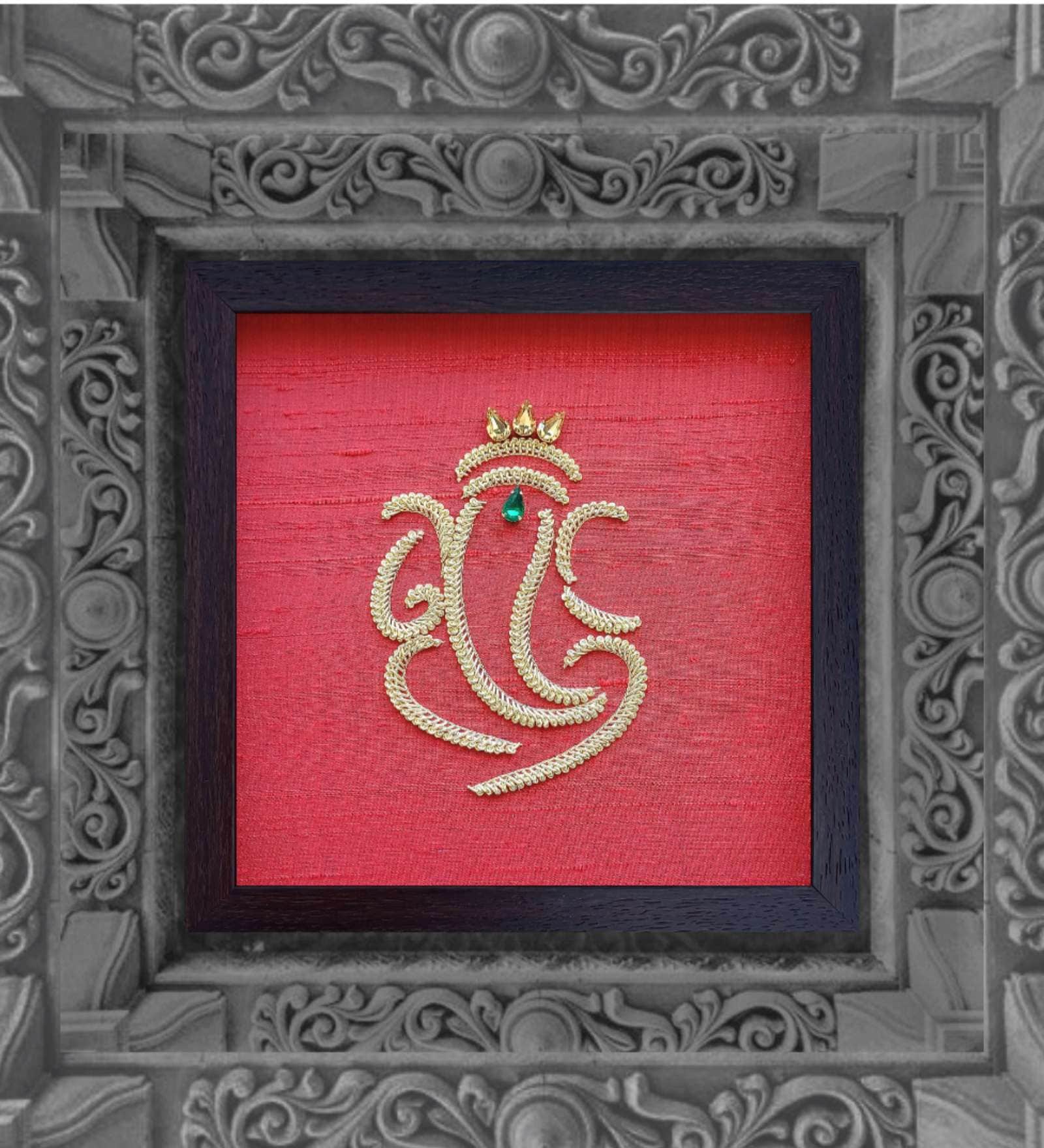 Red Handcrafted Lord Siddhivinayak Gold-Plated Jardoshi Embroidery Wall Art