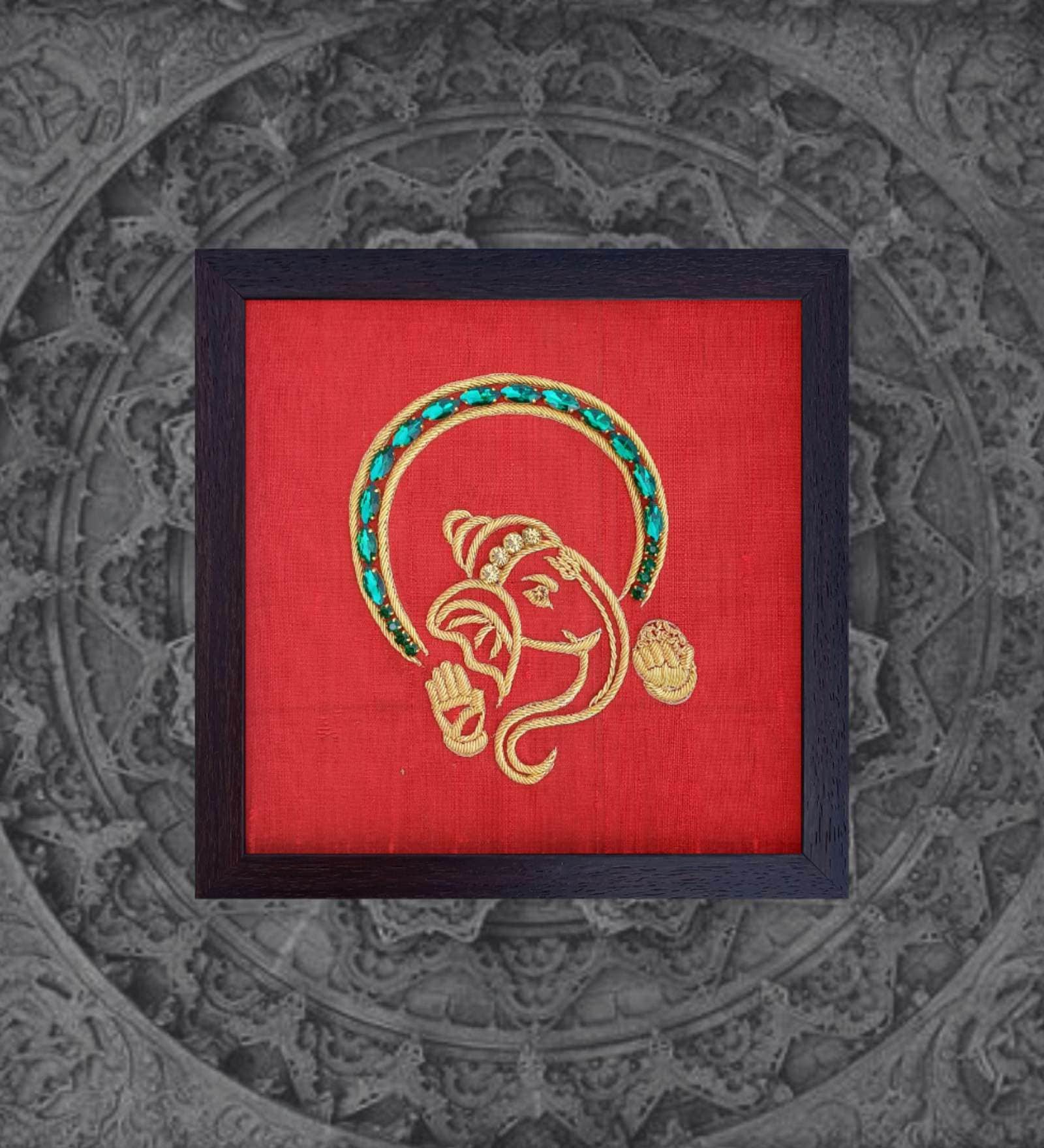 Red Handcrafted Lord Vakratunda Gold-Plated Jardoshi Embroidery Wall Art