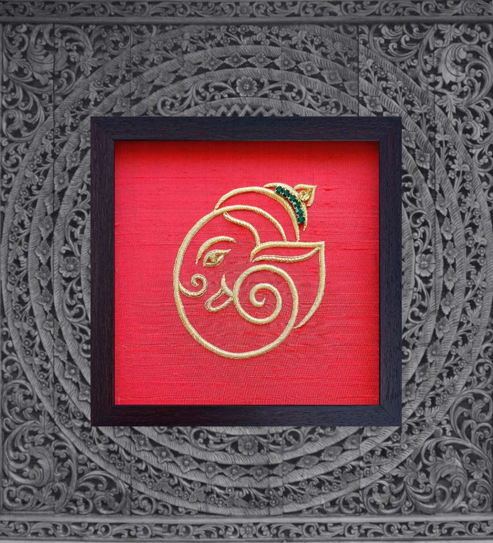 Red Handcrafted Lord Vighnaharta Gold-Plated Jardoshi Embroidery Wall Art