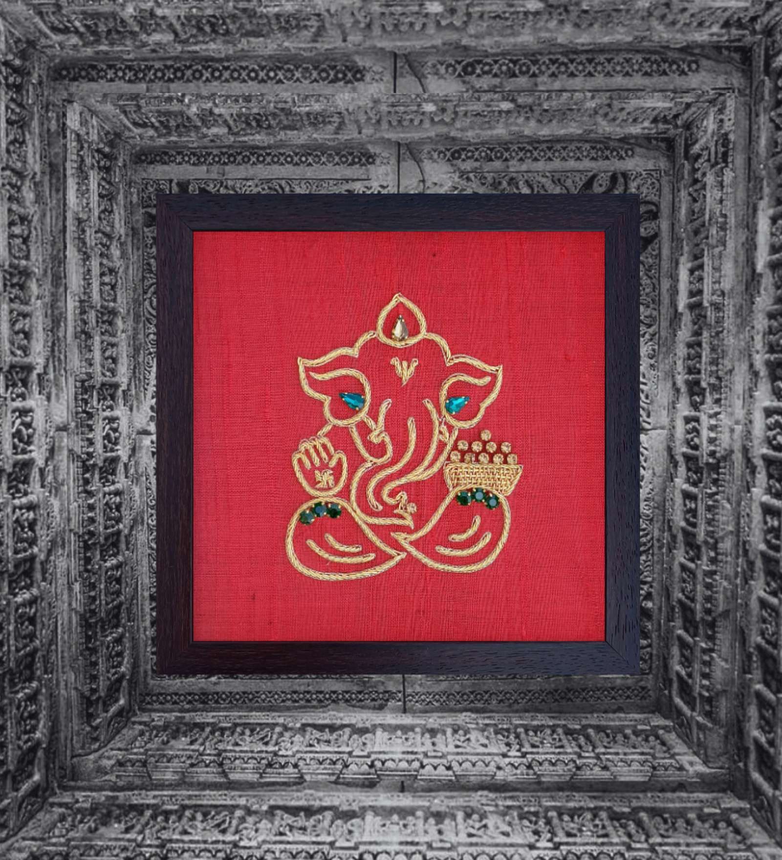 Red Handcrafted Lord Vigneshwara Gold-Plated Jardoshi Embroidery Wall Art