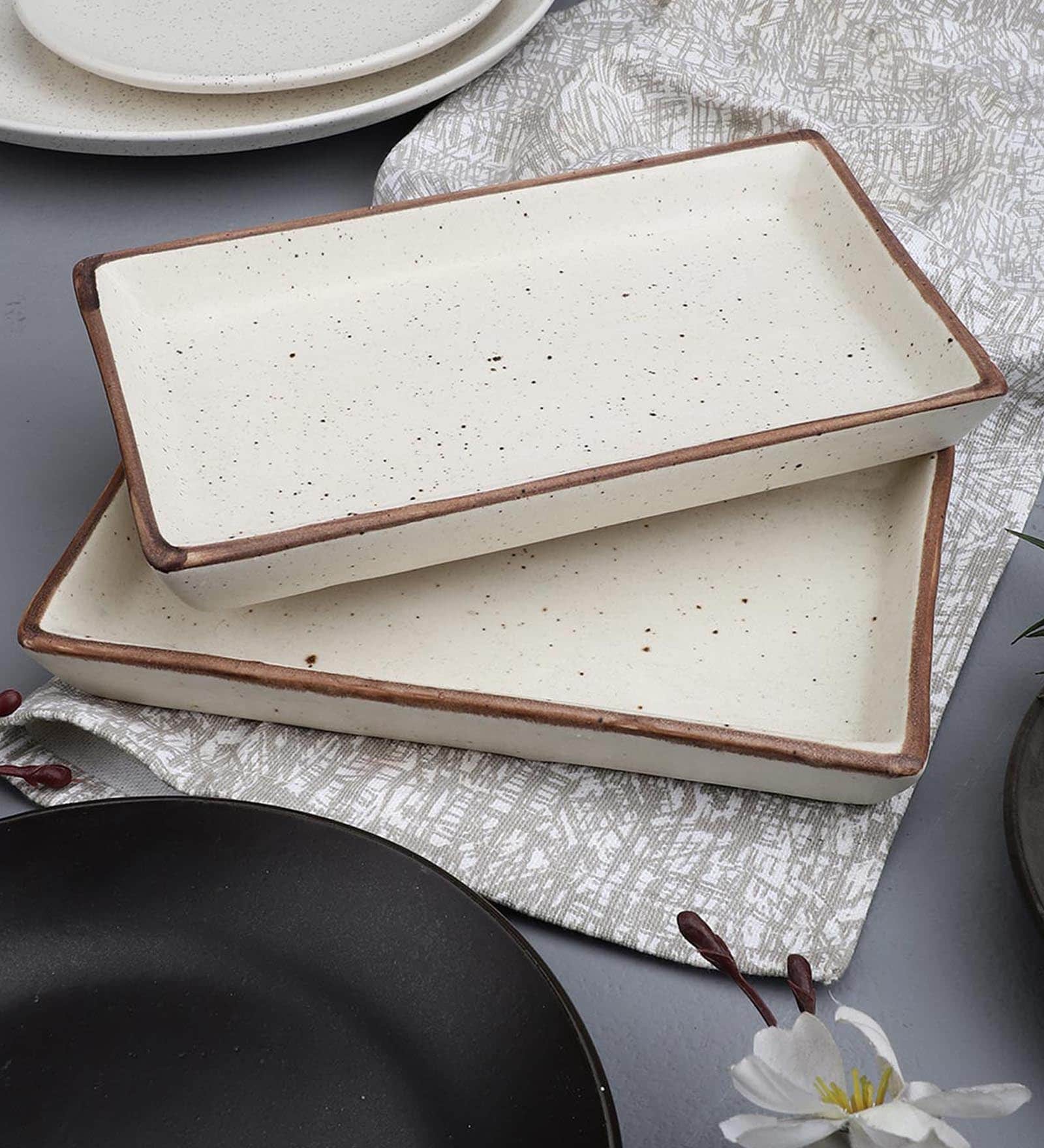 Handcrafted Matte Rectangle White 8 Inch Ceramic (Set of 2) Appetizer Platter