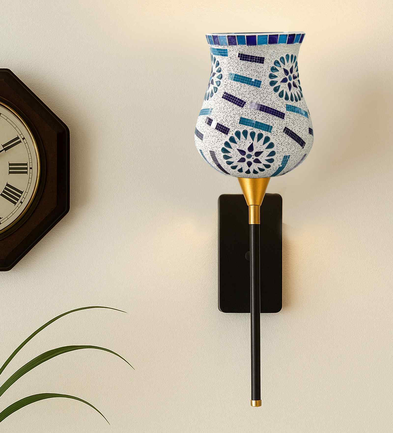 Handcrafted Mosaic Glass Wall Lamp with Metal Base Great for Bedrooms, Living Rooms & Dining Areas Handcrafted Mosaic Glass Wall Lamp with Metal Base Great for Bedrooms, Living Rooms & Dining Areas