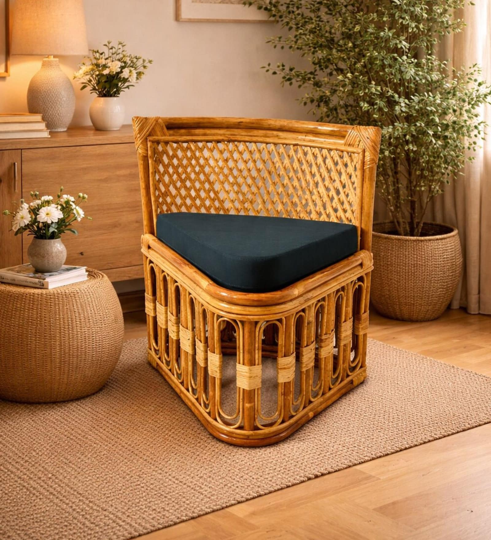 Handcrafted Rattan Corner Chair In Natural Finish Handcrafted Rattan Corner Chair In Natural Finish