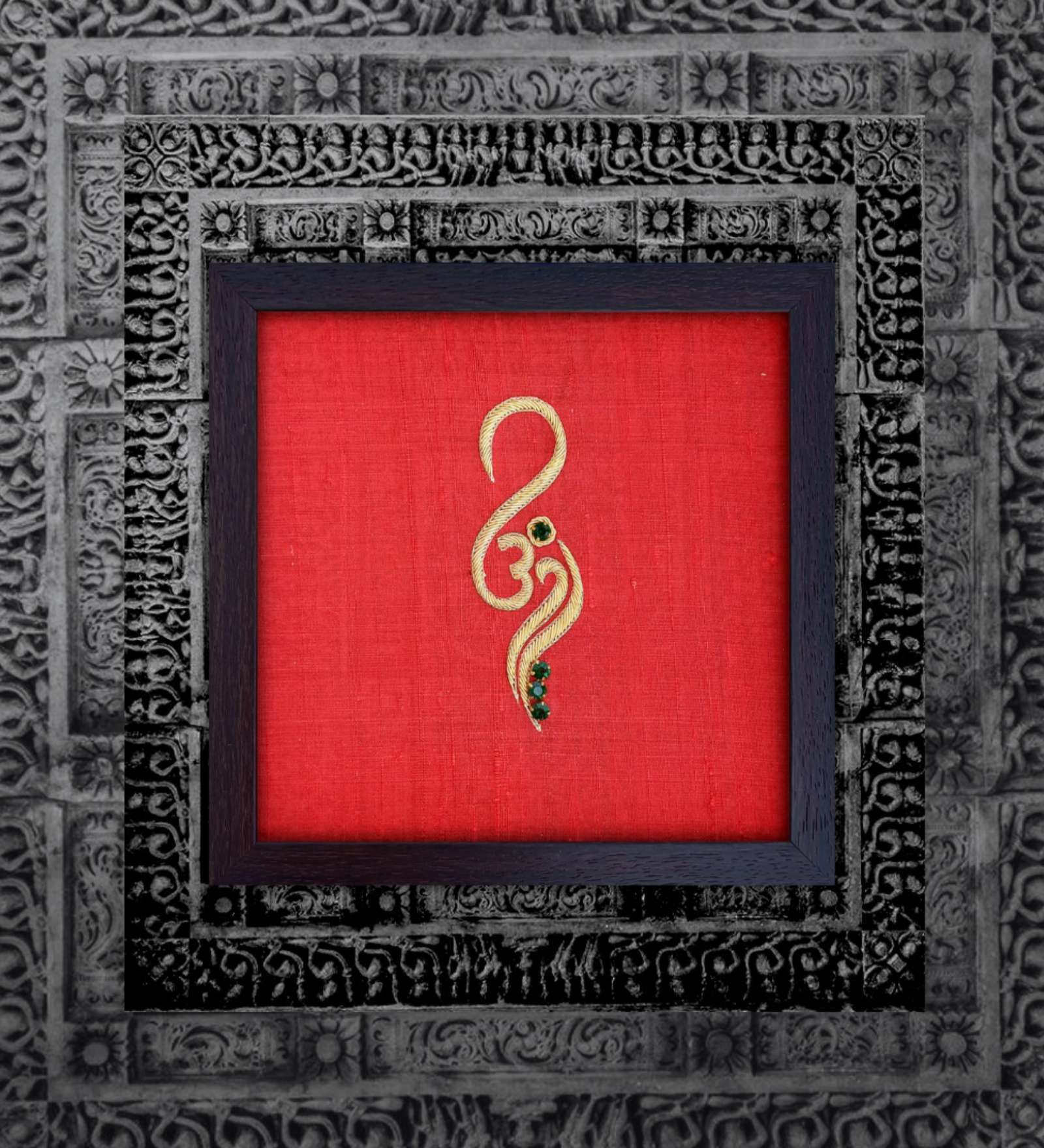 Red Handcrafted Om Gold-Plated Jardoshi Embroidery Wall Art