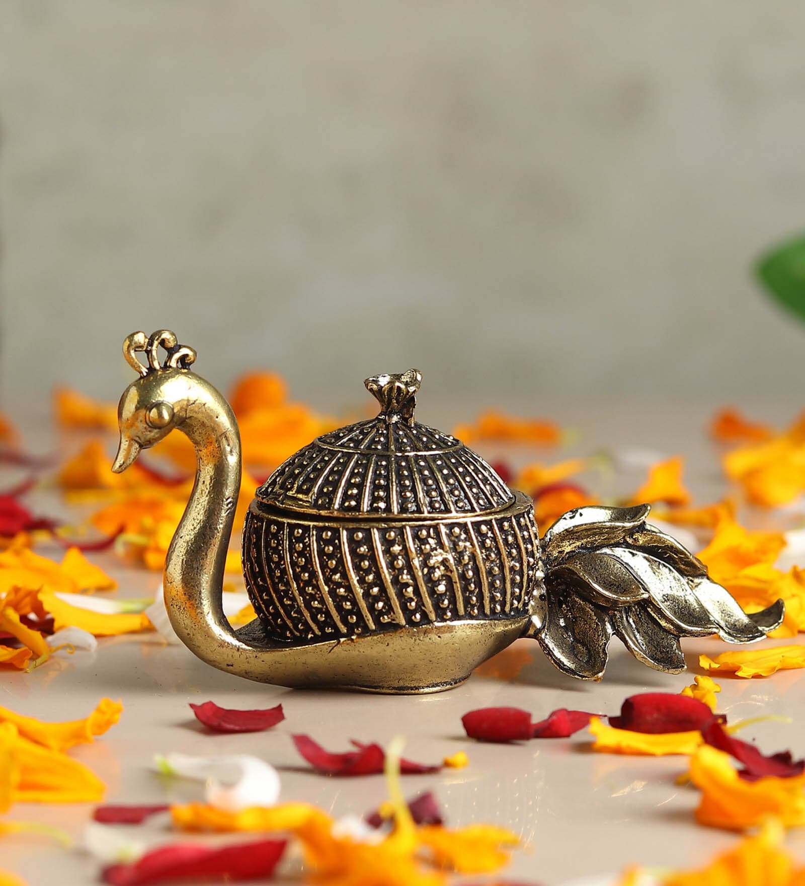 Golden Handcrafted Brass Peacock Shaped Sindoor Dani