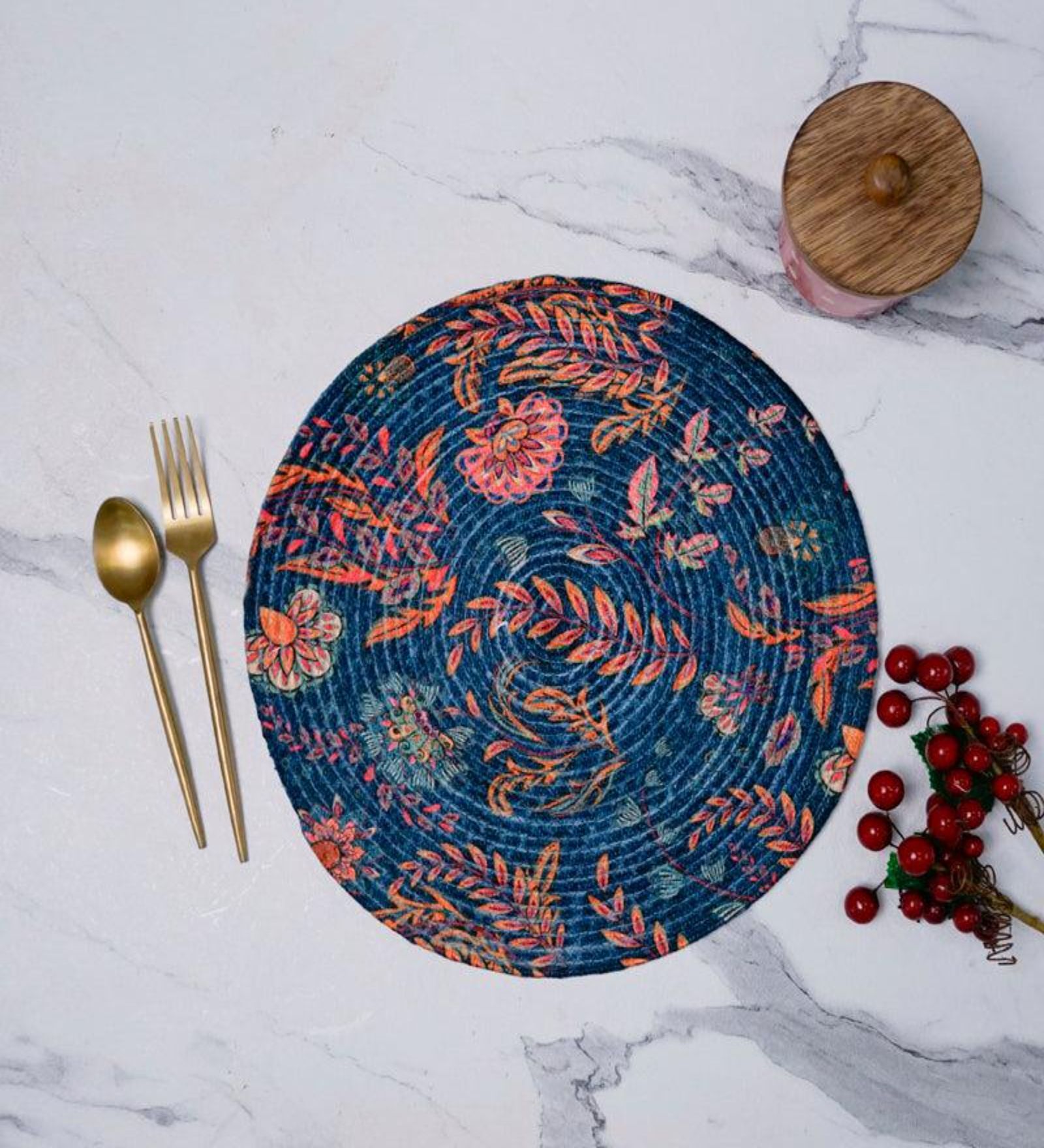 Blue Floral Handcrafted Round Jute Table Mat