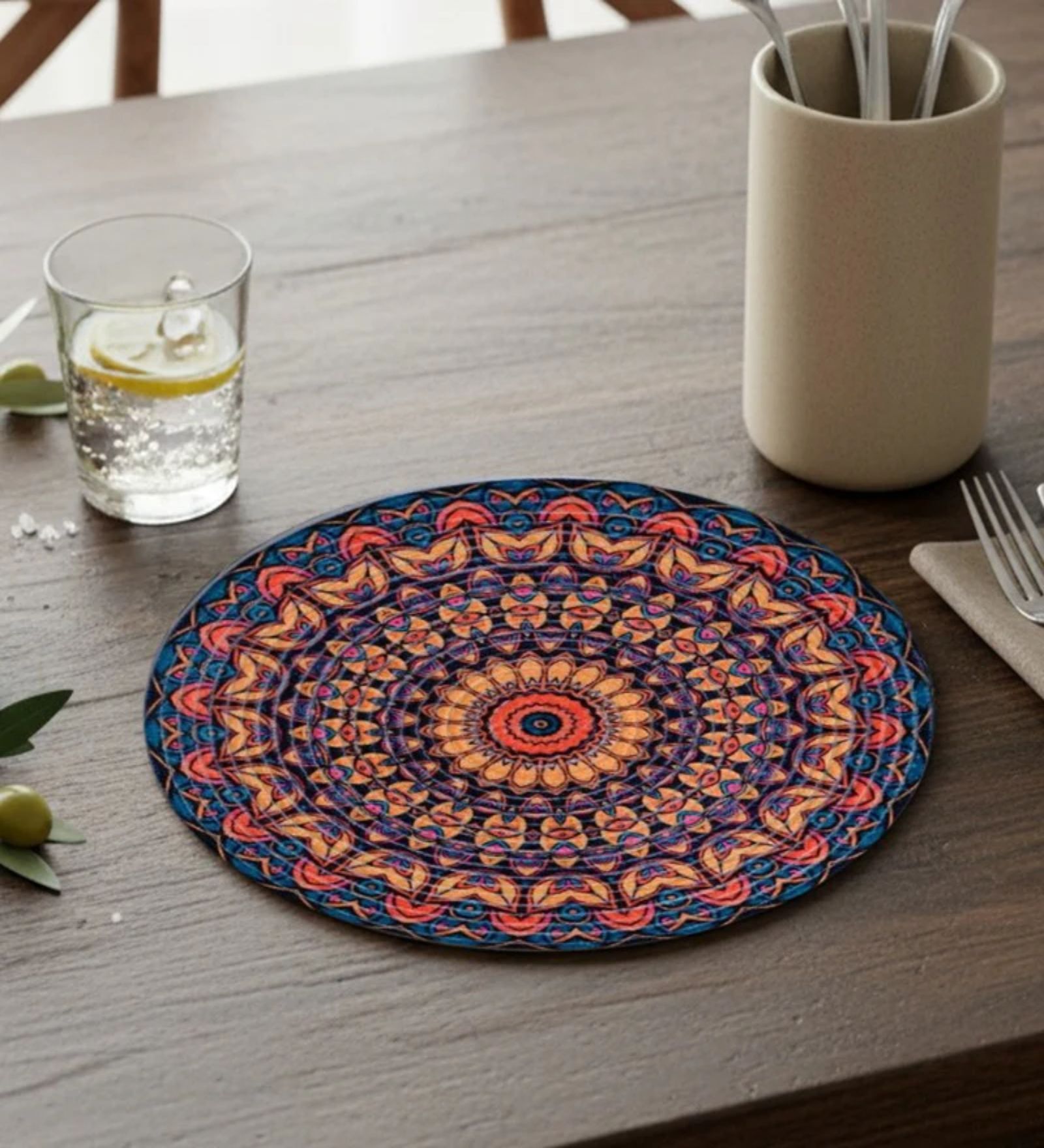 Blue And Orange Mandala Design Handcrafted Round Jute Table Mats