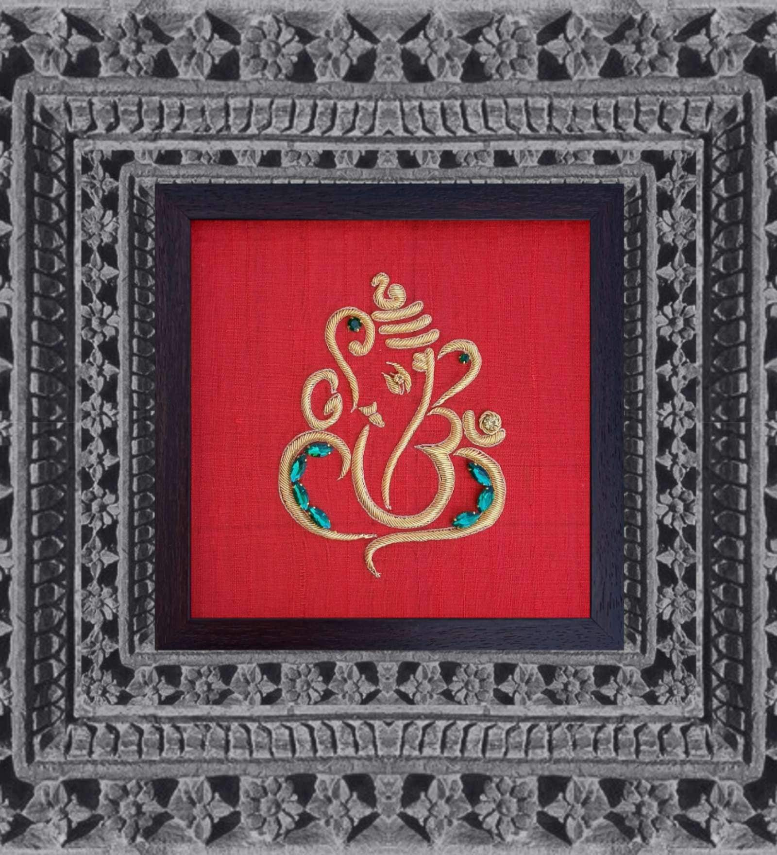 Red Handcrafted Shree-Ganesha Gold-Plated Jardoshi Embroidery Wall Art