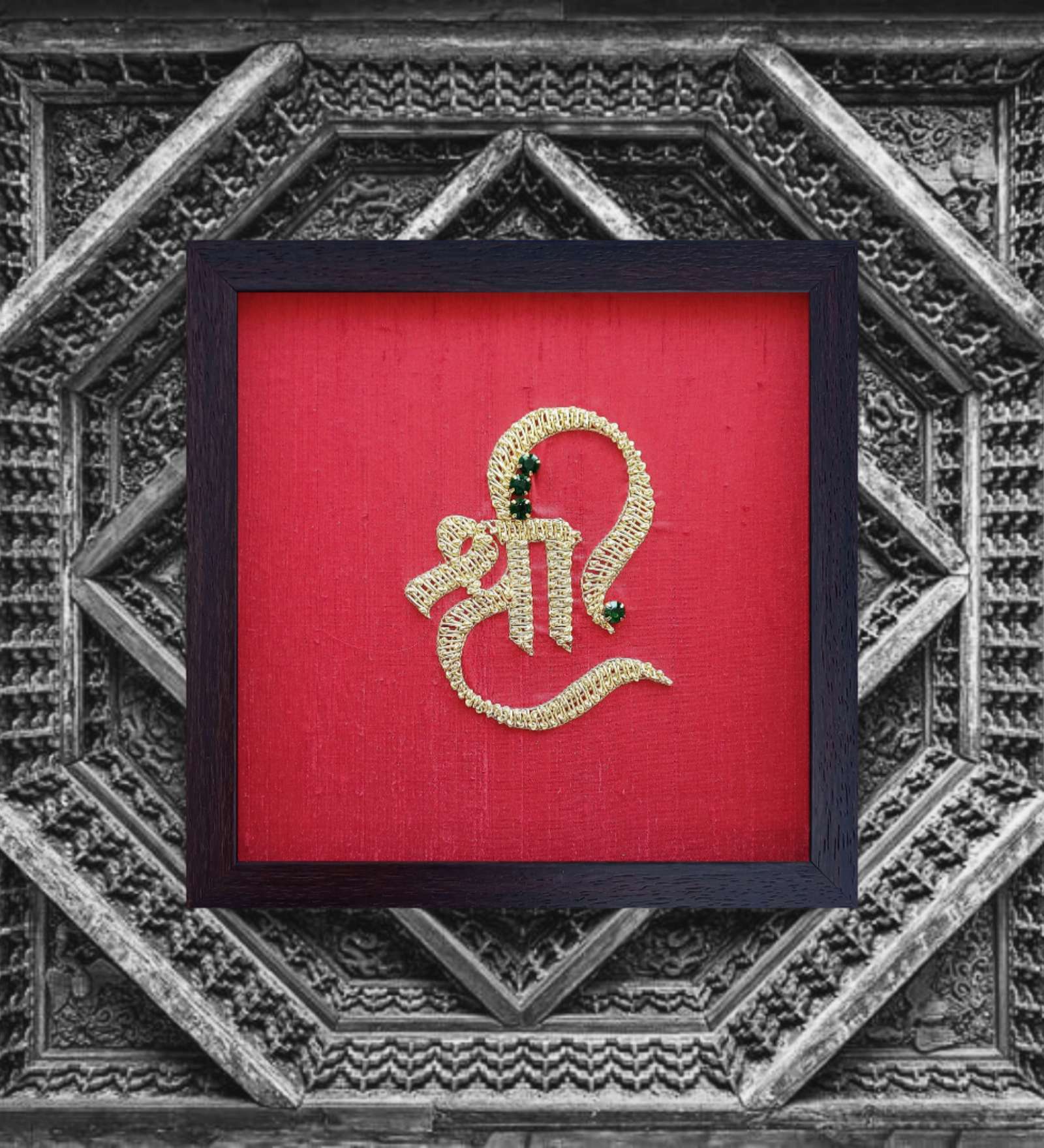 Red Handcrafted Shree Gold-Plated Jardoshi Embroidery Wall Art