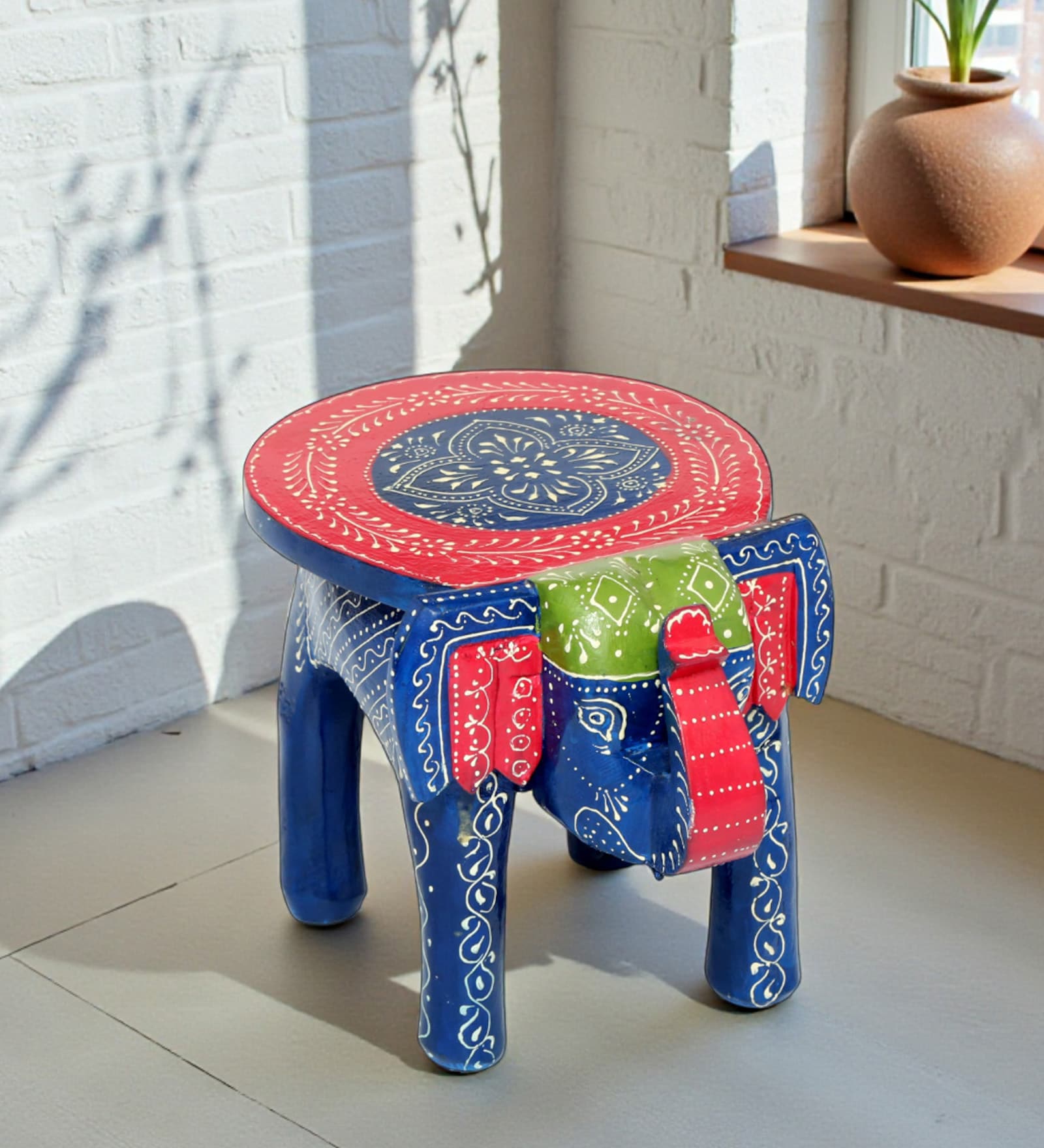 Blue Handcrafted Wooden Elephant Chowkie