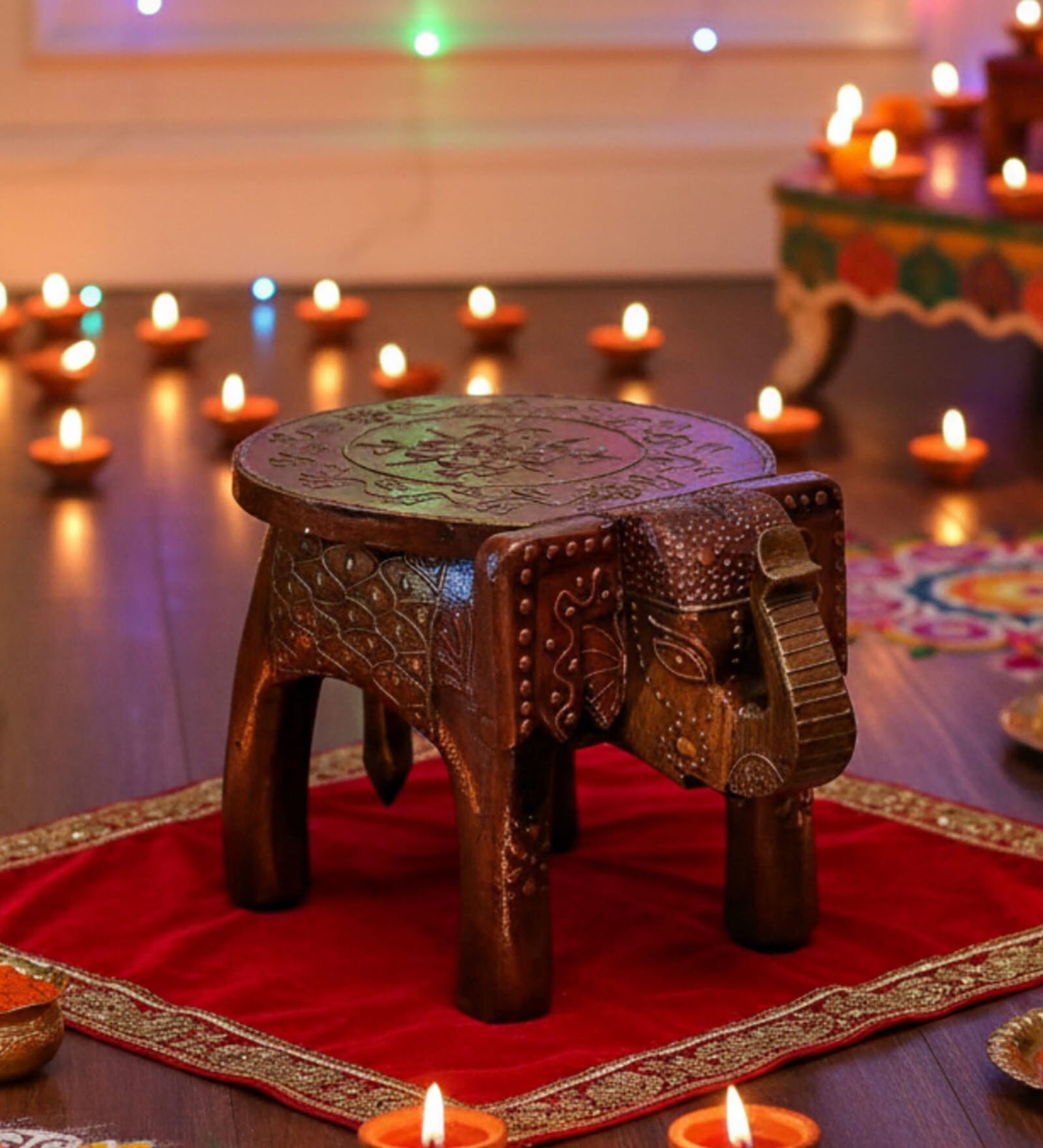 Brown Handcrafted Wooden Elephant Chowkie