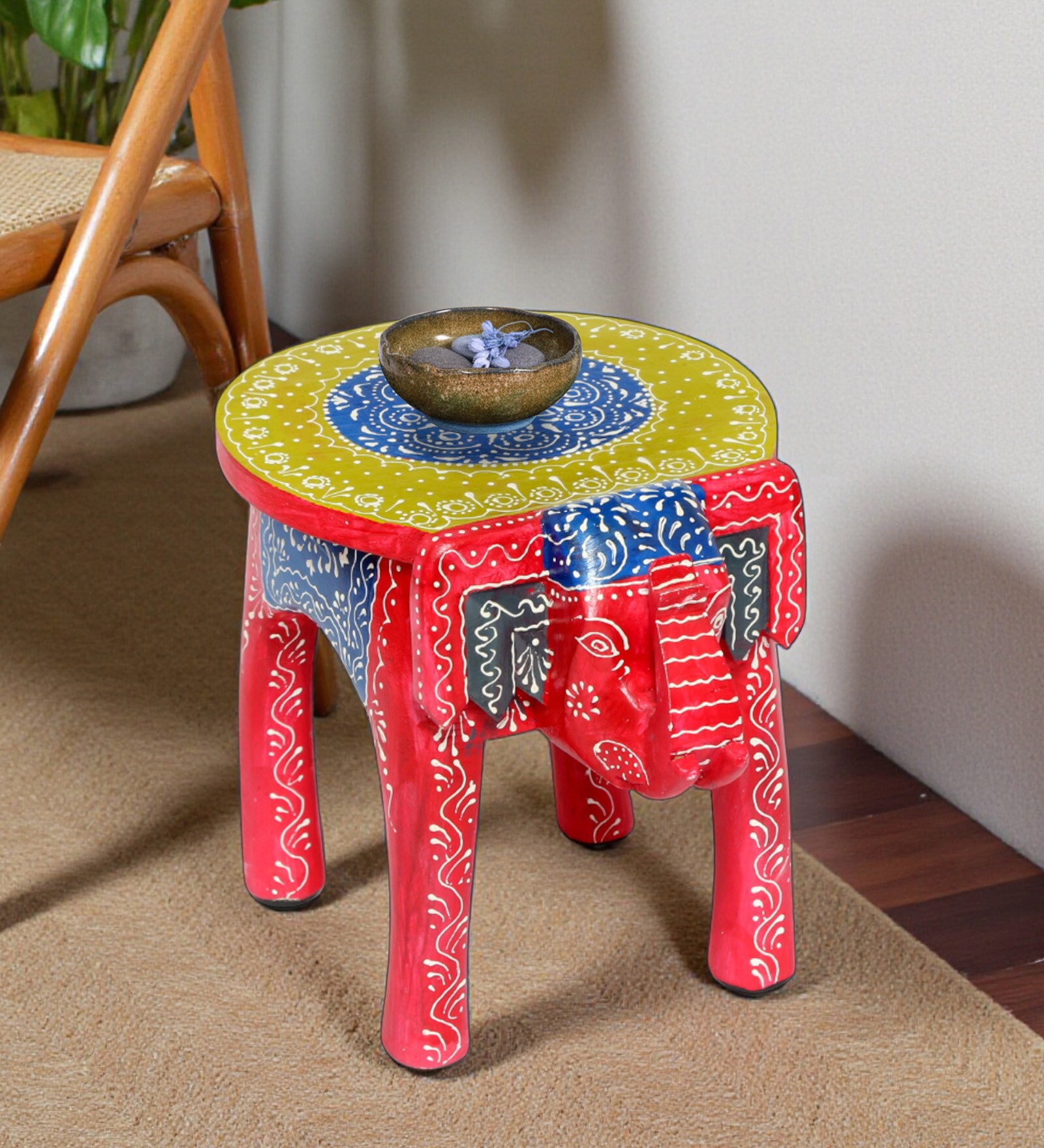 Multicolor Handcrafted Wooden Elephant Chowkie