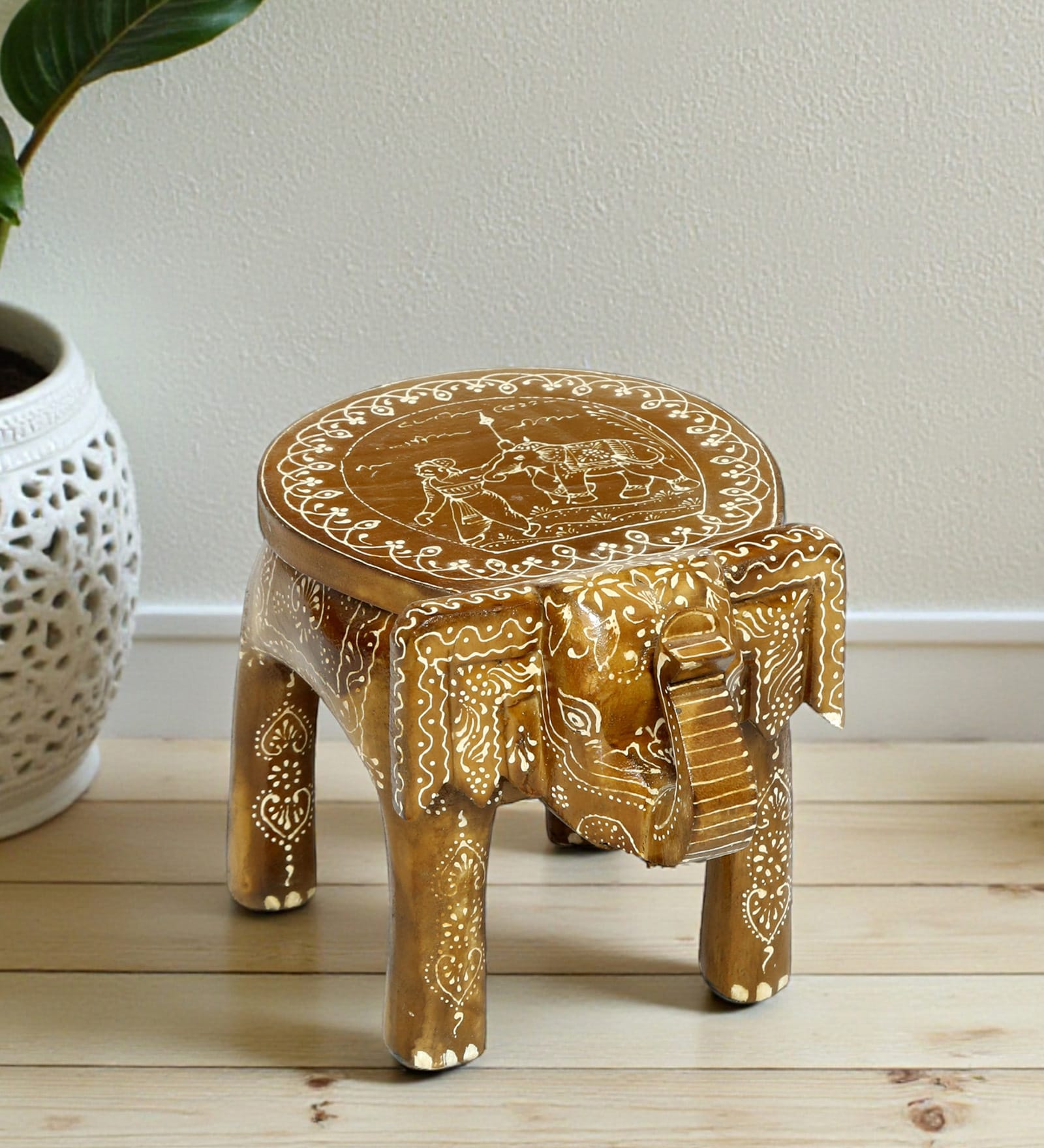 Golden Handcrafted Wooden Elephant Chowkie