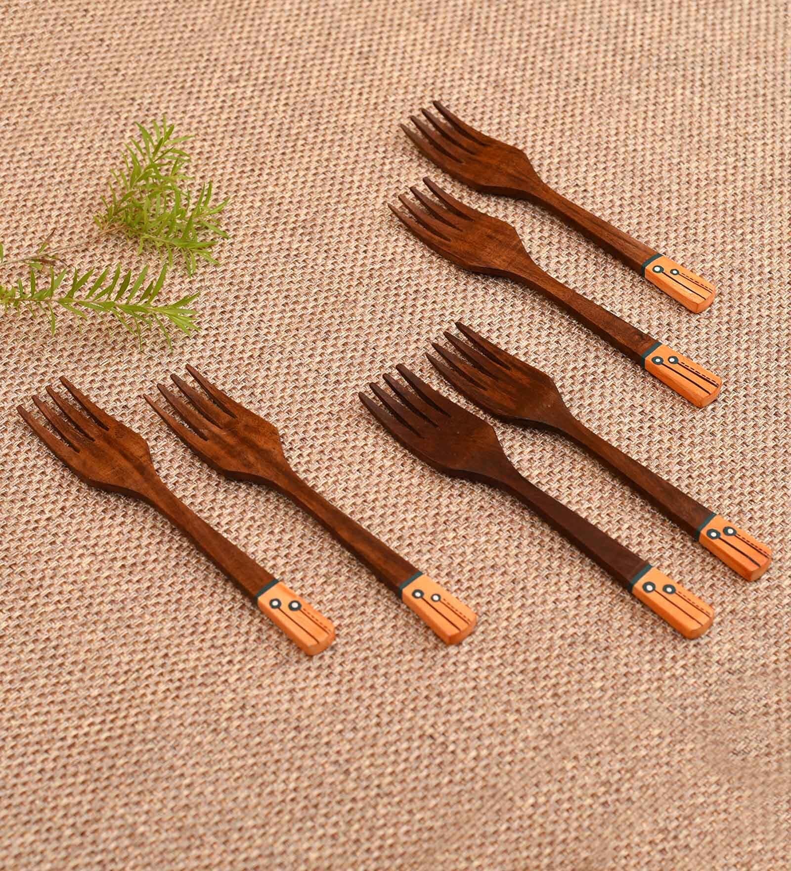 Handcrafted Natural Brown  Wood (Set of 6) Forks