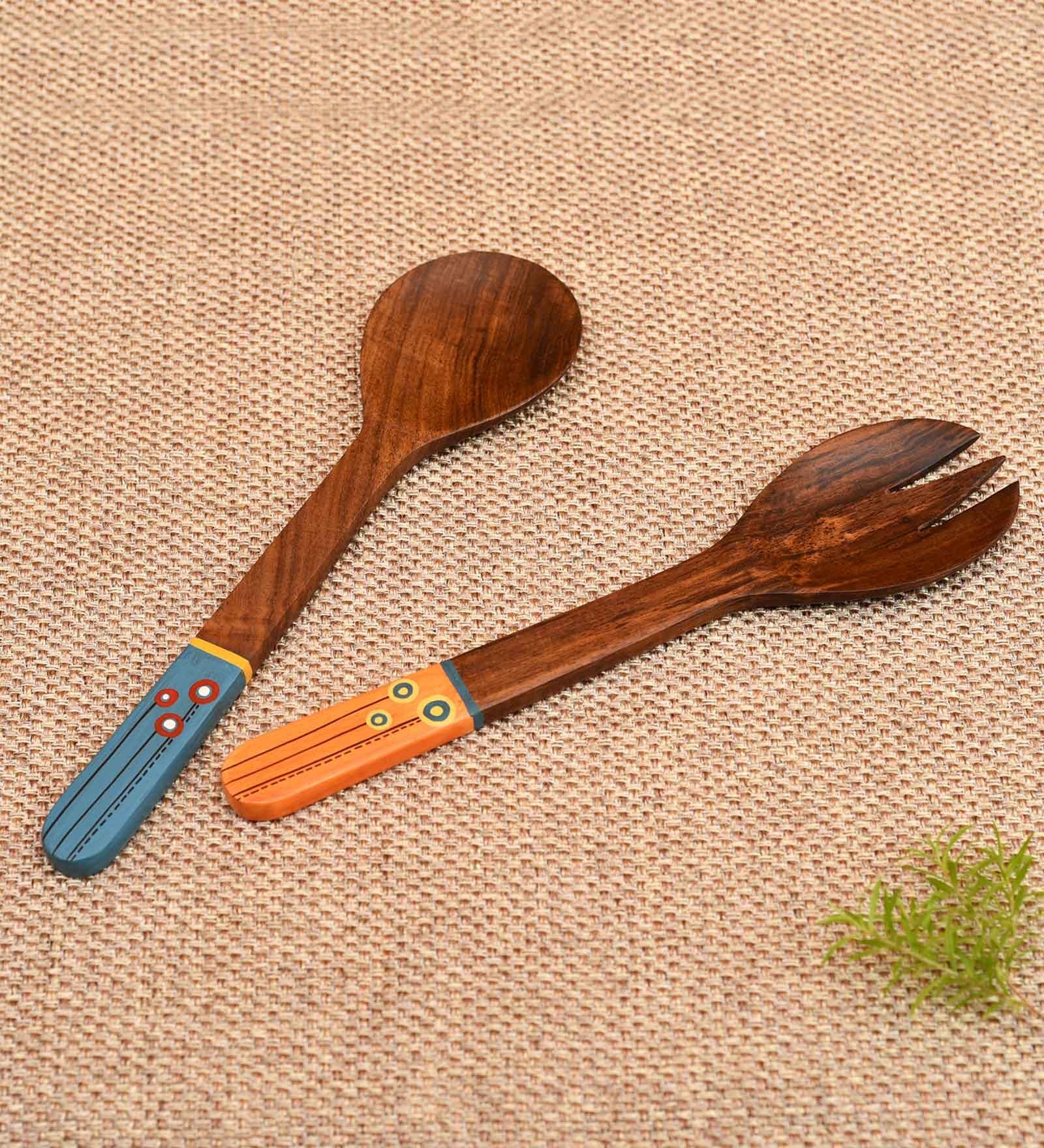 Handcrafted Natural Brown  Wood 2Pcs Spoon with Fork