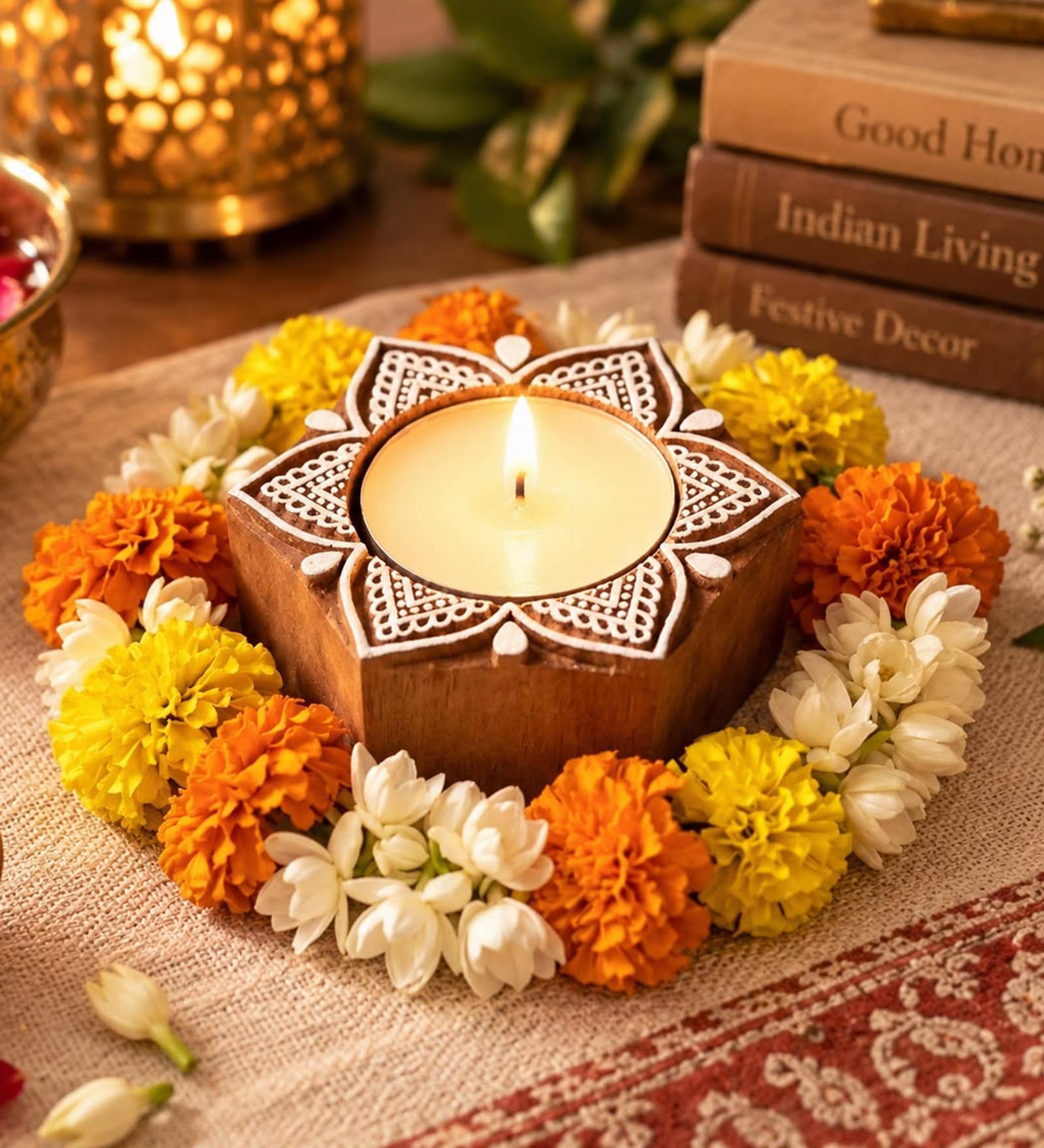 Handcrafted Wooden Tealight Candle Holder with Mandala Lotus Design