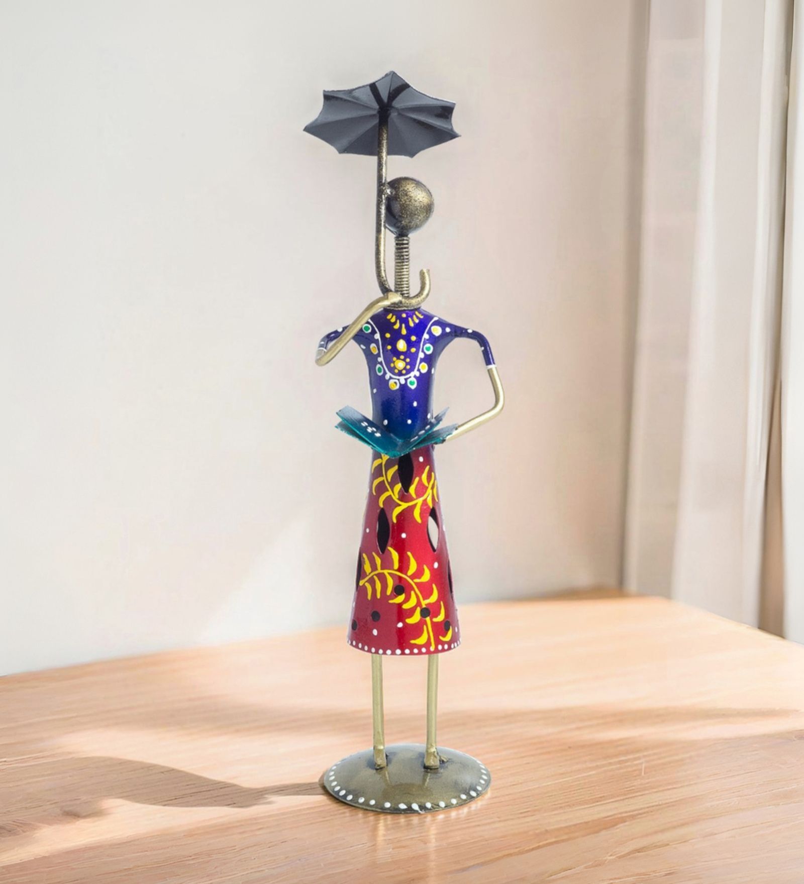Handcrafted Wrought Iron Lady with Umbrella Multicolour Figurine