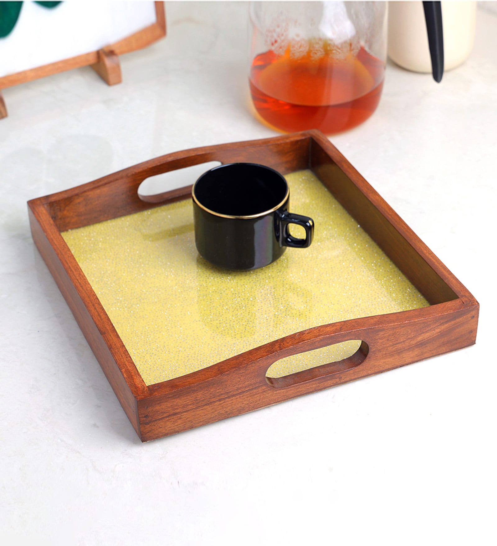 Handcrafted Yellow WOOD & Glass Serving Tray