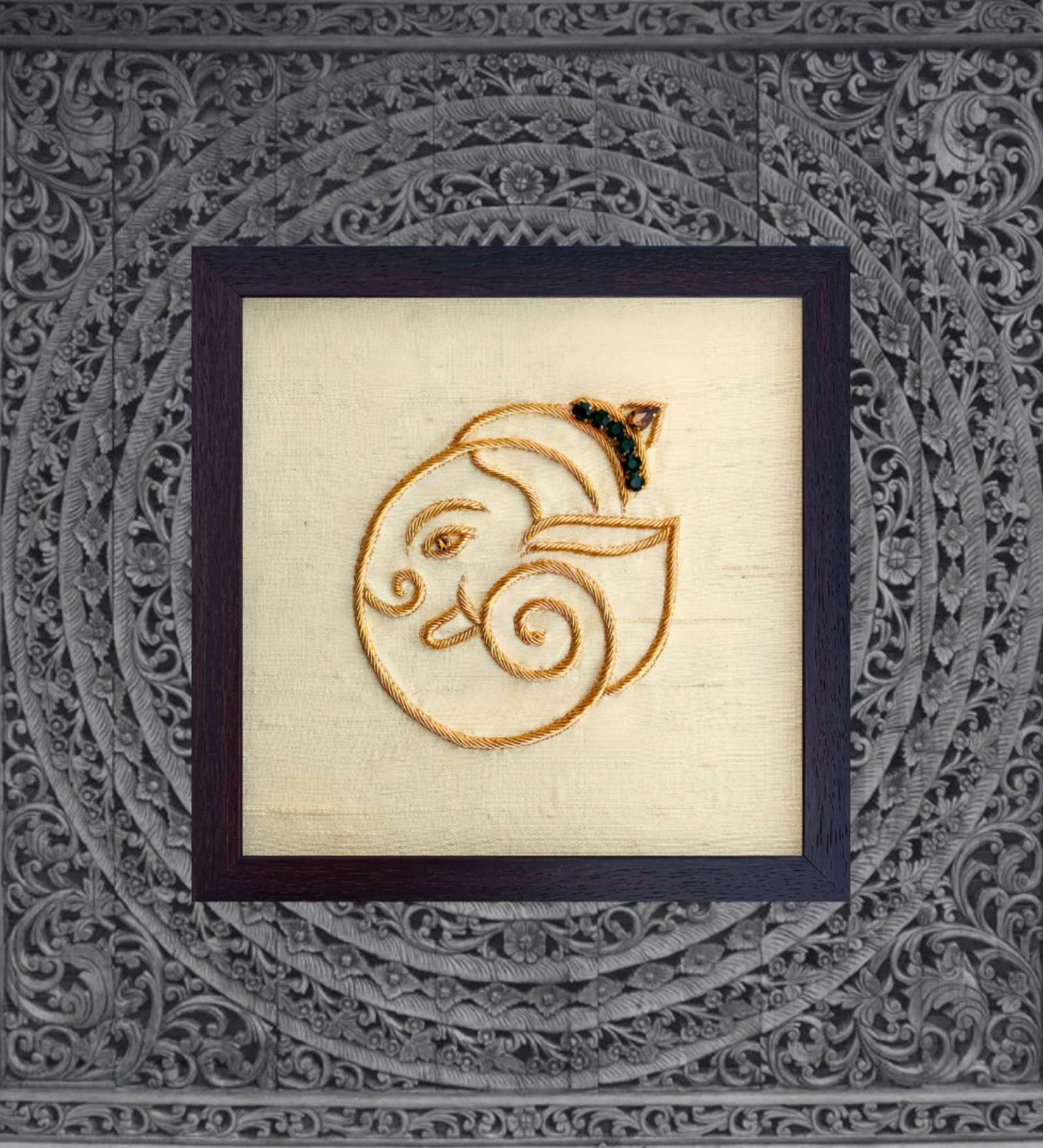 Yellow Handcrafted Lord Vighnaharta Gold-Plated Jardoshi Embroidery Wall Art