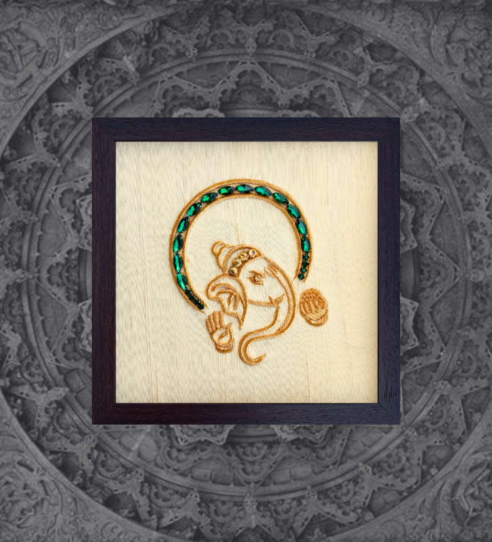 Yellow Handcrafted Lord Vakratunda Gold-Plated Jardoshi Embroidery Wall Art