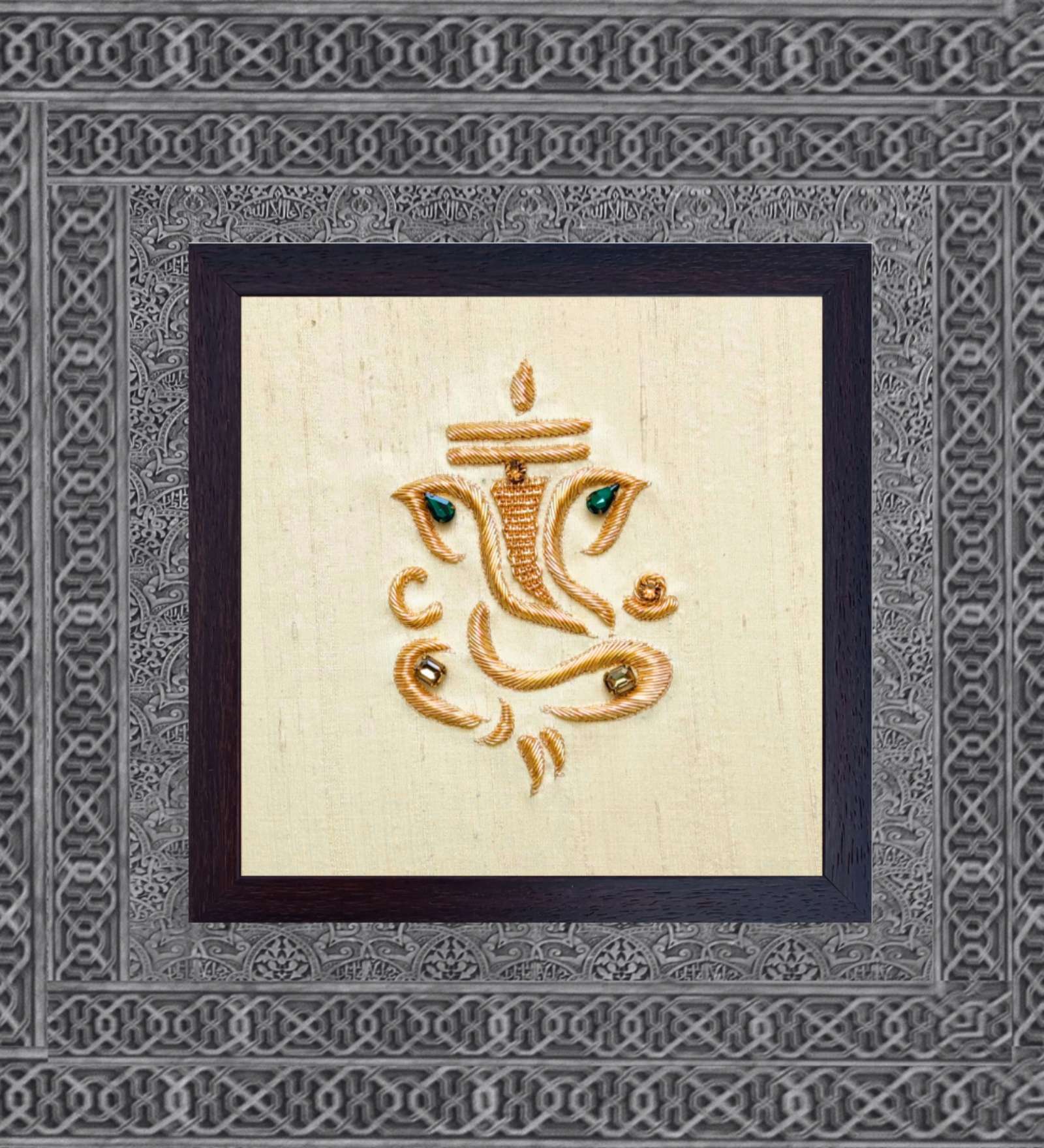 Yellow Handcrafted Lord Ganpathi Gold-Plated Jardoshi Embroidery Wall Art
