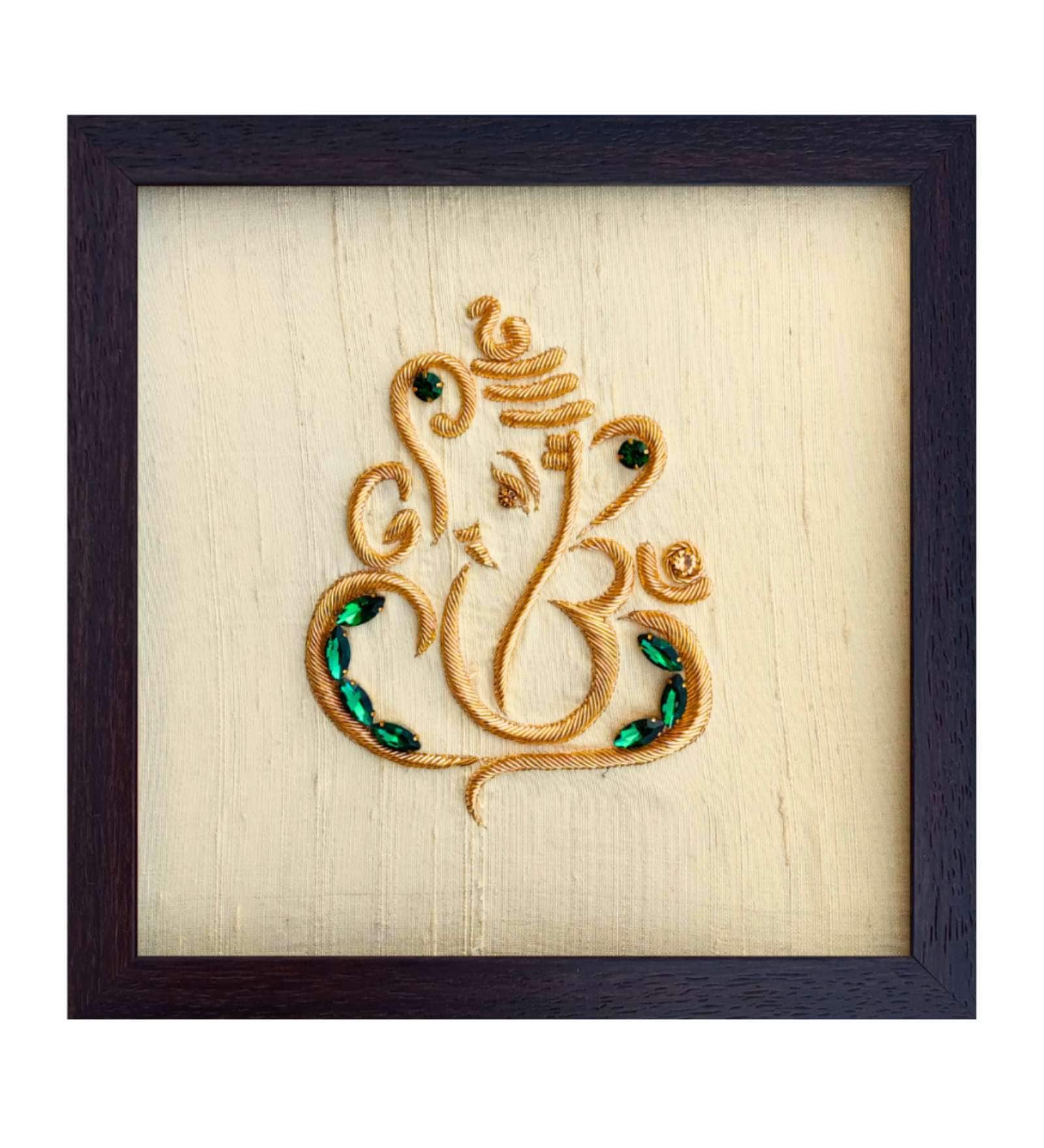Yellow Handcrafted Shree-Ganesha Gold-Plated Jardoshi Embroidery Wall Art