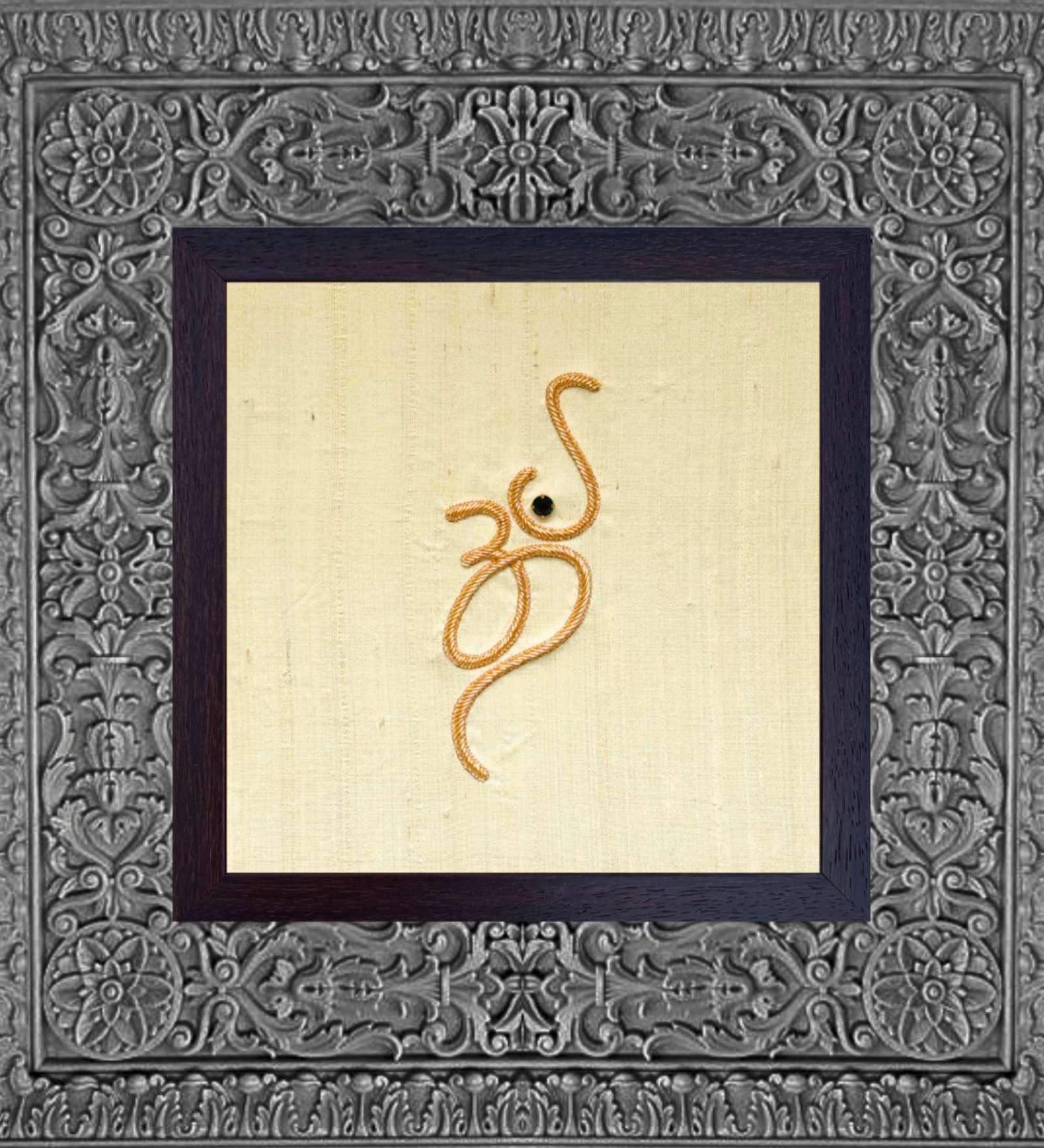 Yellow Handcrafted Omkar Gold-Plated Jardoshi Embroidery Wall Art