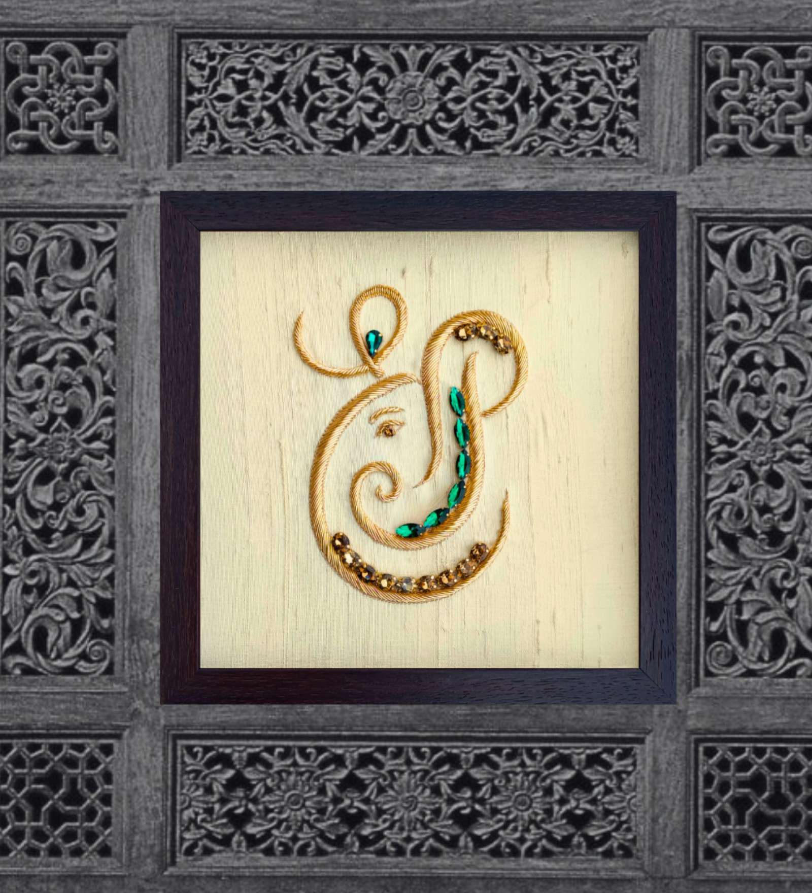 Yellow Handcrafted Shree-Ganesha Gold-Plated Jardoshi Embroidery Wall Art