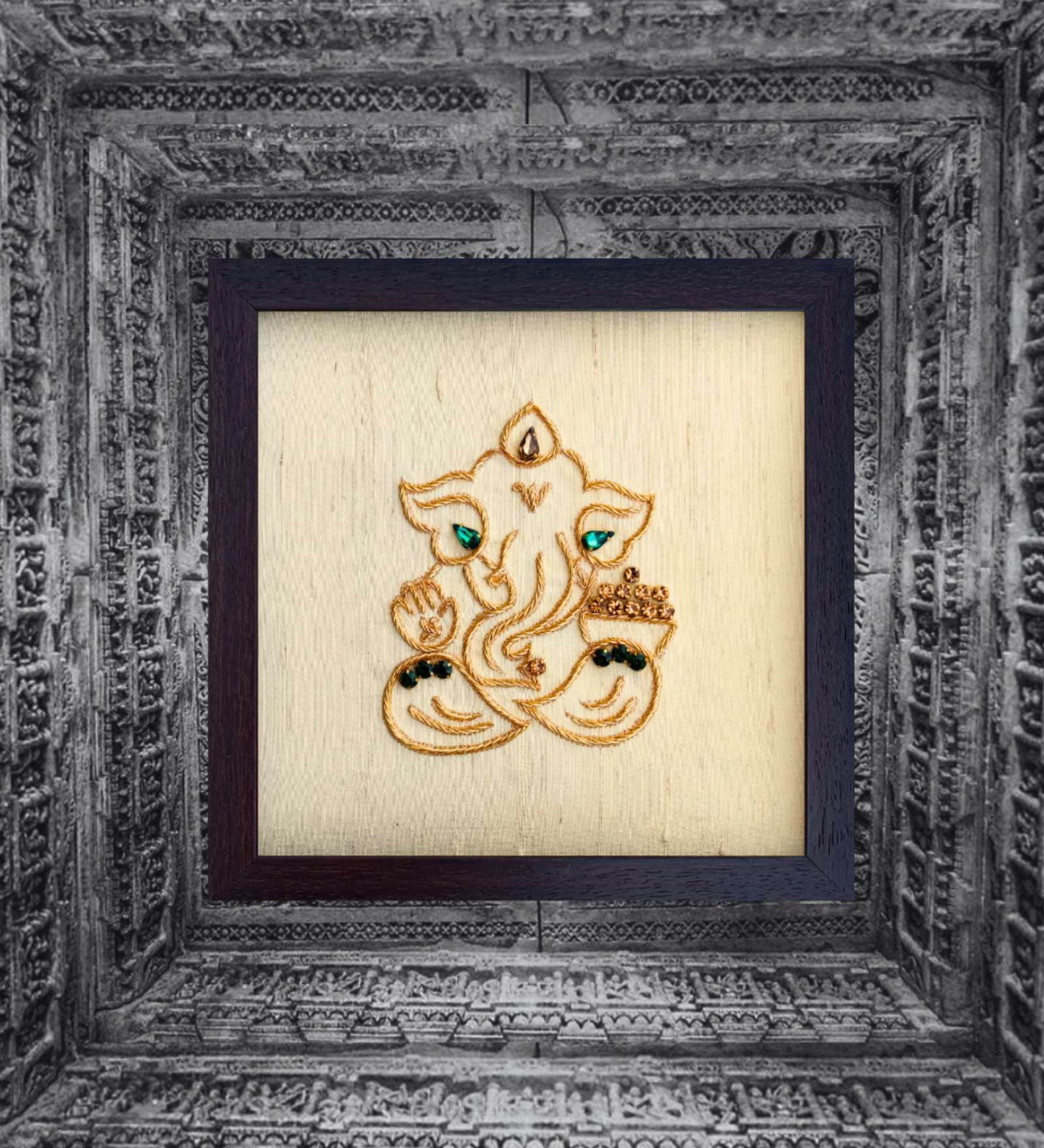 Yellow Handcrafted Lord Vigneshwara Gold-Plated Jardoshi Embroidery Wall Art
