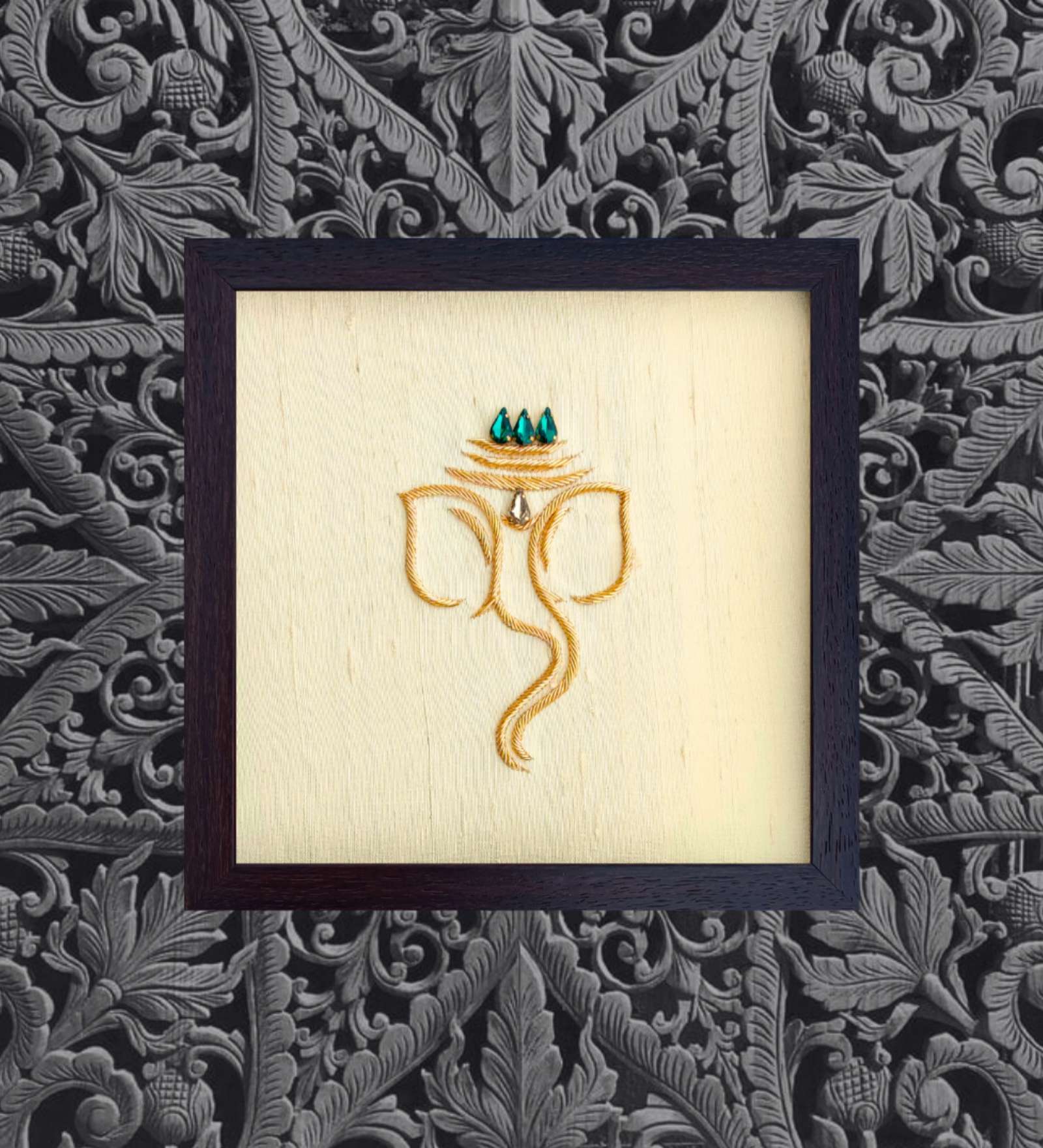 Yellow Handcrafted Lord Gajanand Gold-Plated Jardoshi Embroidery Wall Art