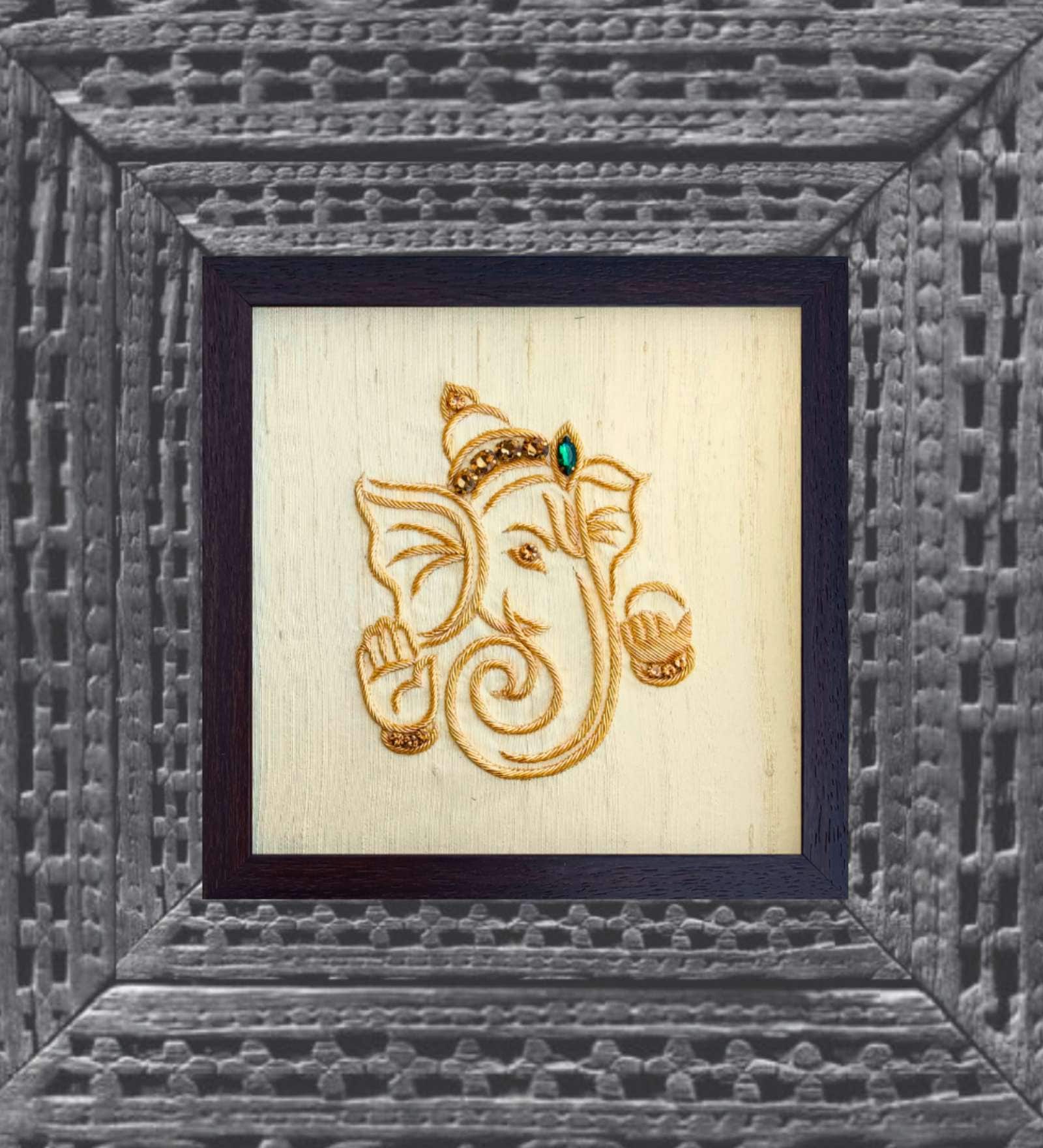 Yellow Handcrafted Lord Vinayaka Gold-Plated Jardoshi Embroidery Wall Art
