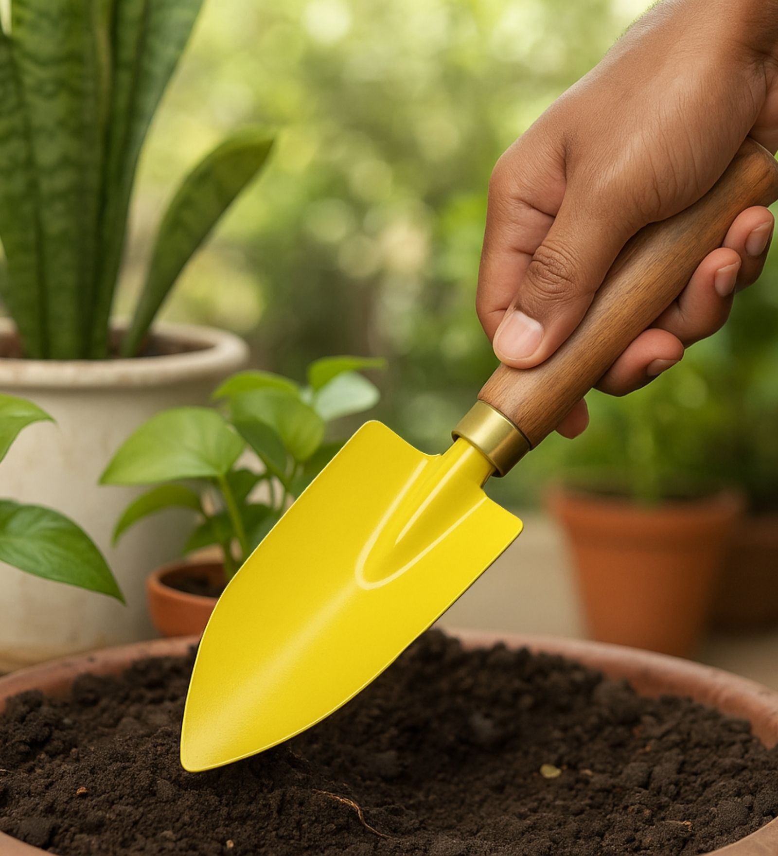 Yellow Gardening Hand Trowel With Ergonomic Wooden