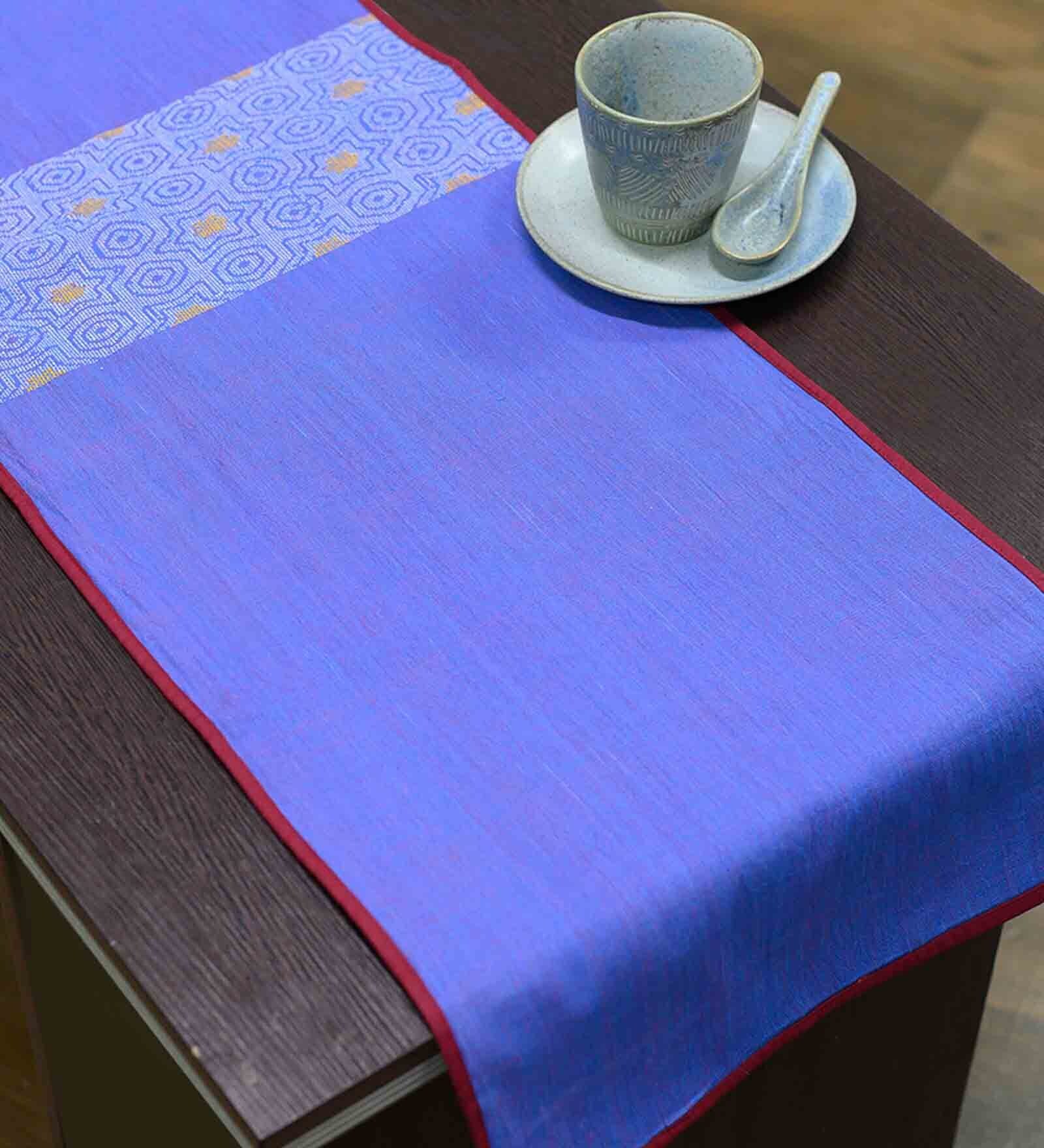 Buy Handloom Woven Blue Cotton 48 X 14 Inches Table Runner by ArtEastri ...