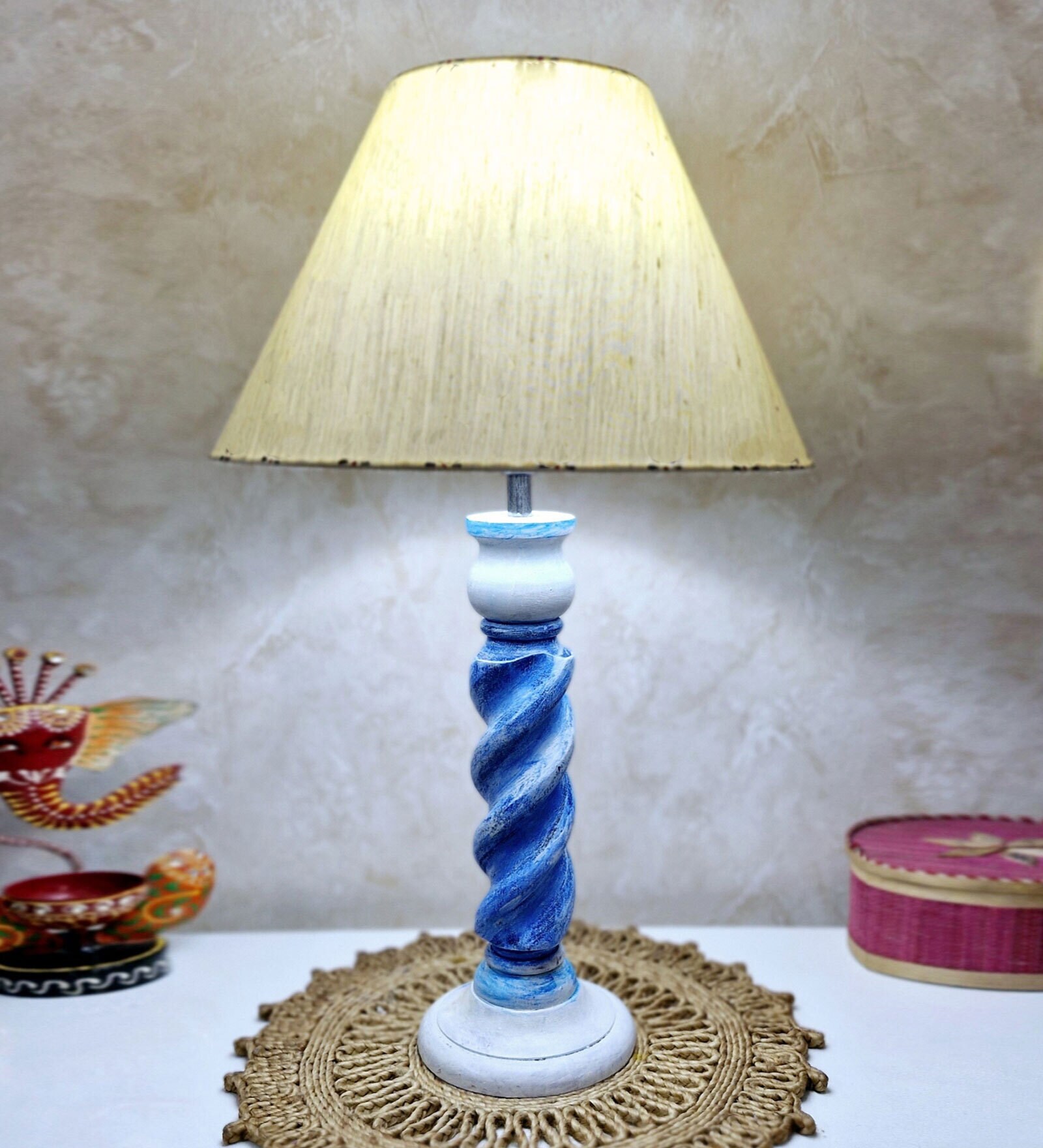 Handmade & Handpainted Blue& white Rope shape Wooden Table lamp with Cotton Beige shade