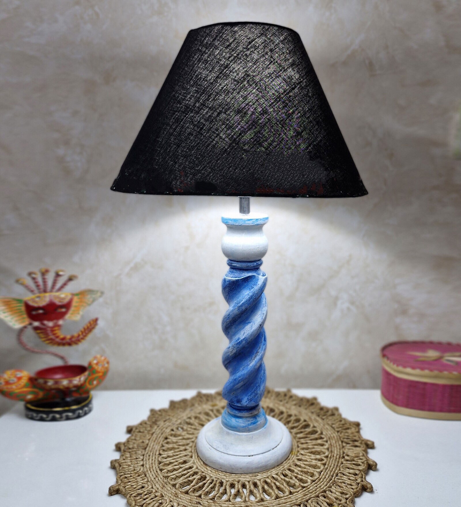 Handmade & Handpainted Blue& white Rope shape Wooden Table lamp with Cotton Black shade